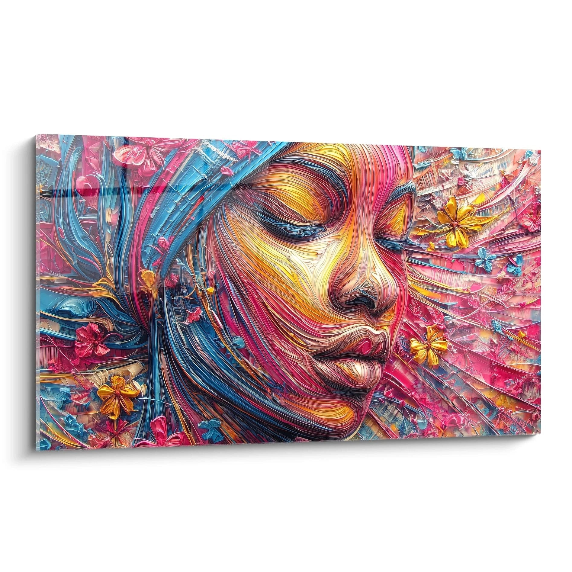 Tableau femme africaine coloré avec des motifs vibrants et des fleurs, parfait pour décorer un intérieur moderne