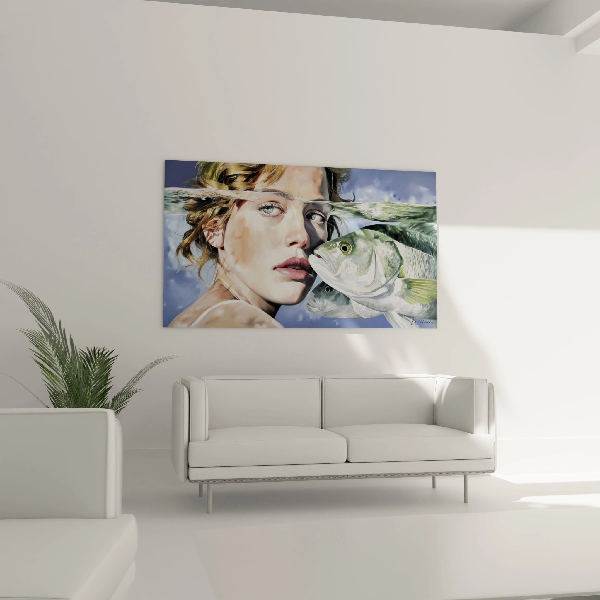 tableau hyperréalisme femme Walensky montrant portrait réaliste de femme avec gros poisson sur fond ciel