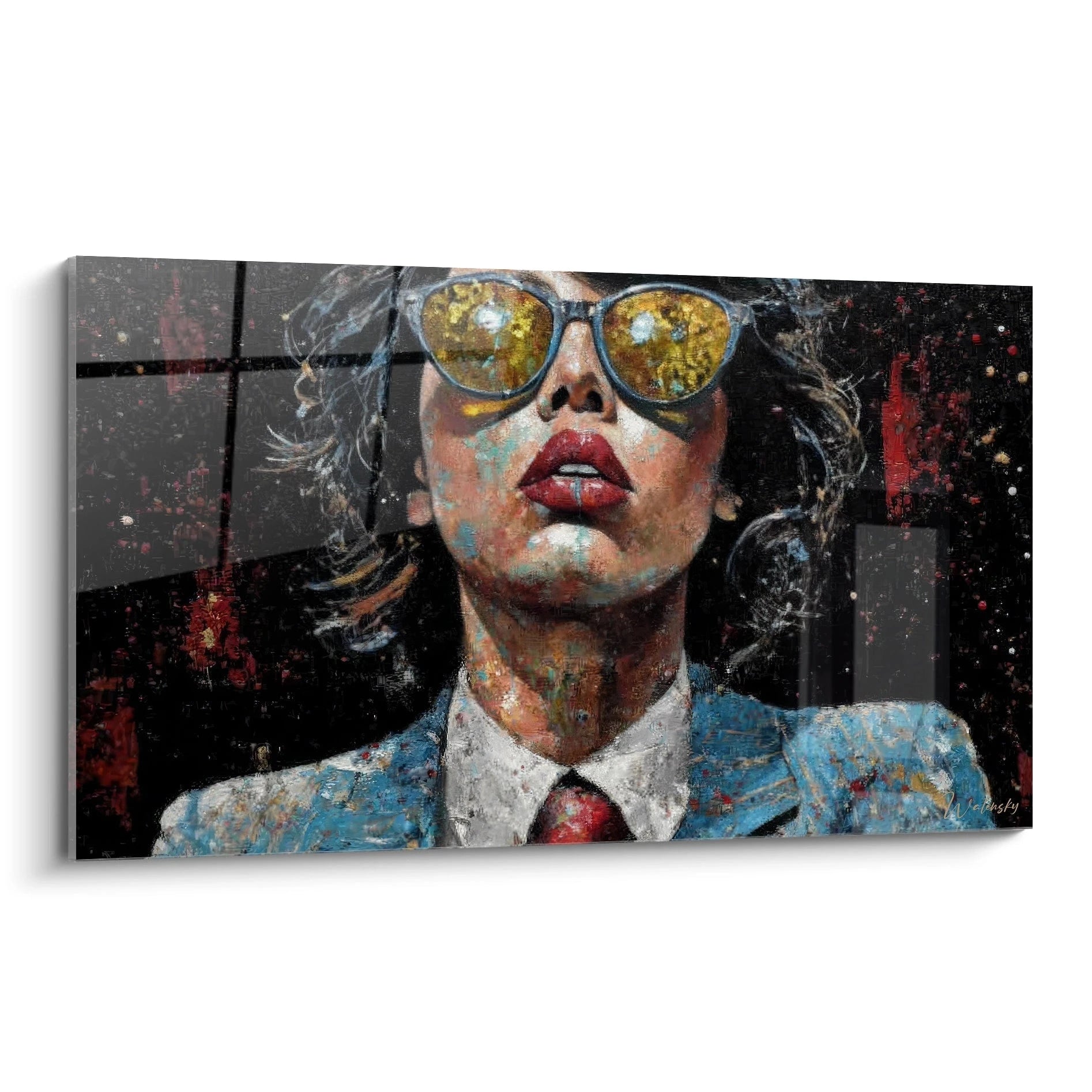 Tableau femme contemporaine avec lunettes de soleil et des couleurs vives pour décoration murale moderne