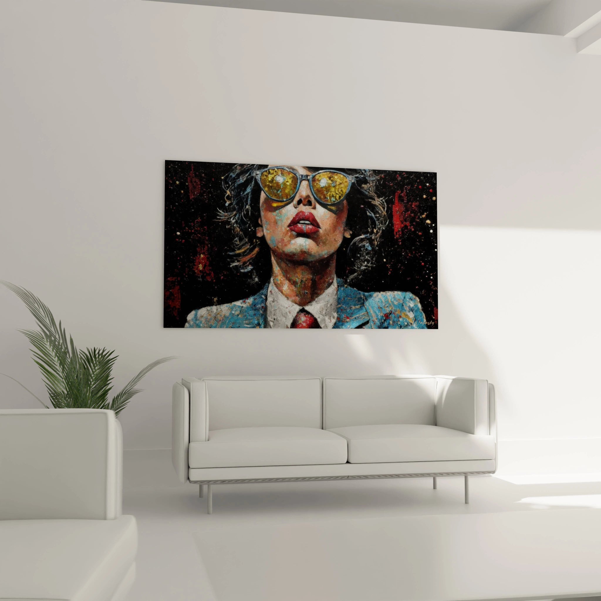 Tableau femme contemporaine avec lunettes de soleil dans un style artistique moderne installé sur un mur