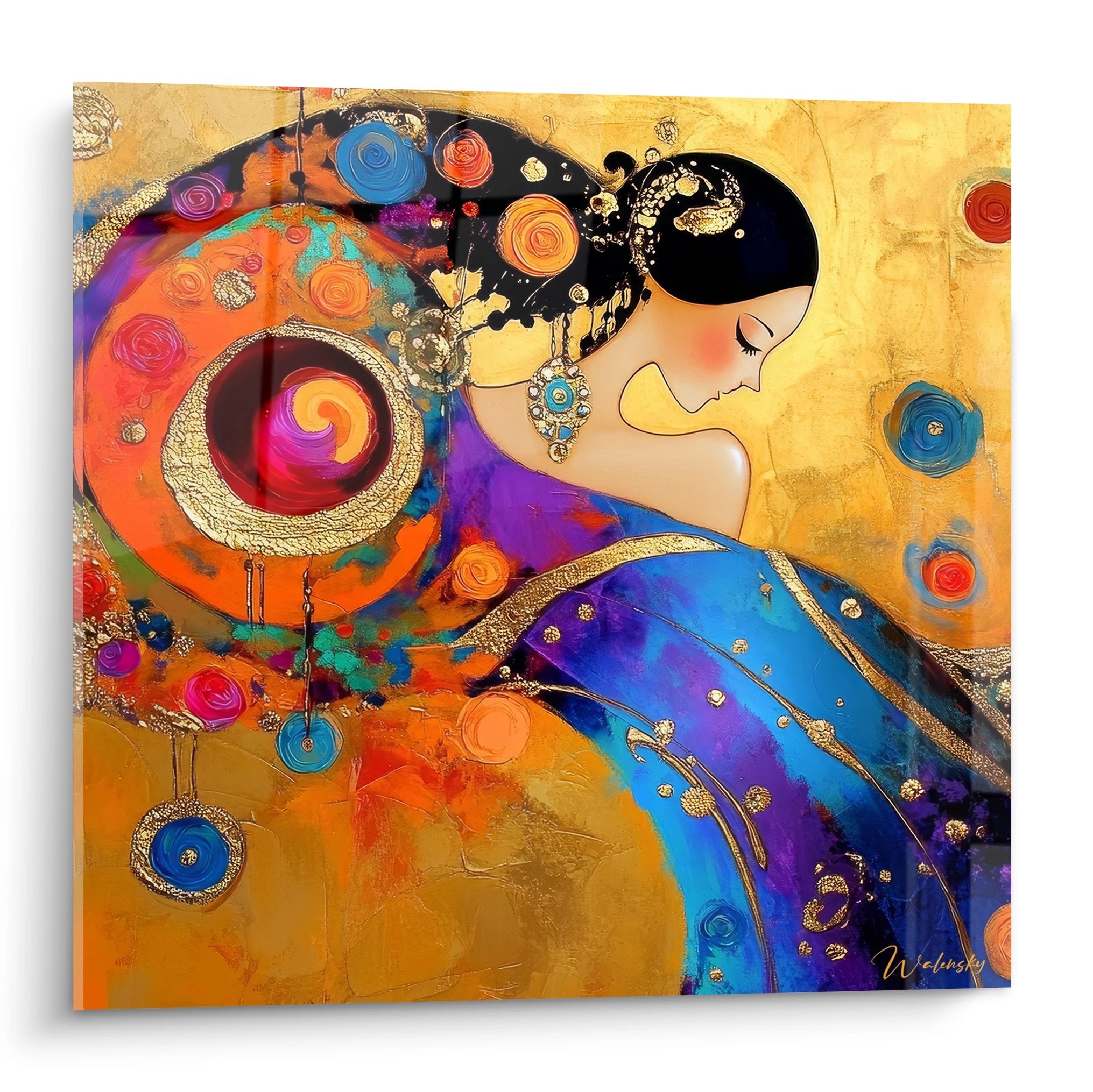 Tableau femme cosmique spirales abstraites dorées bleues art mural décoratif moderne