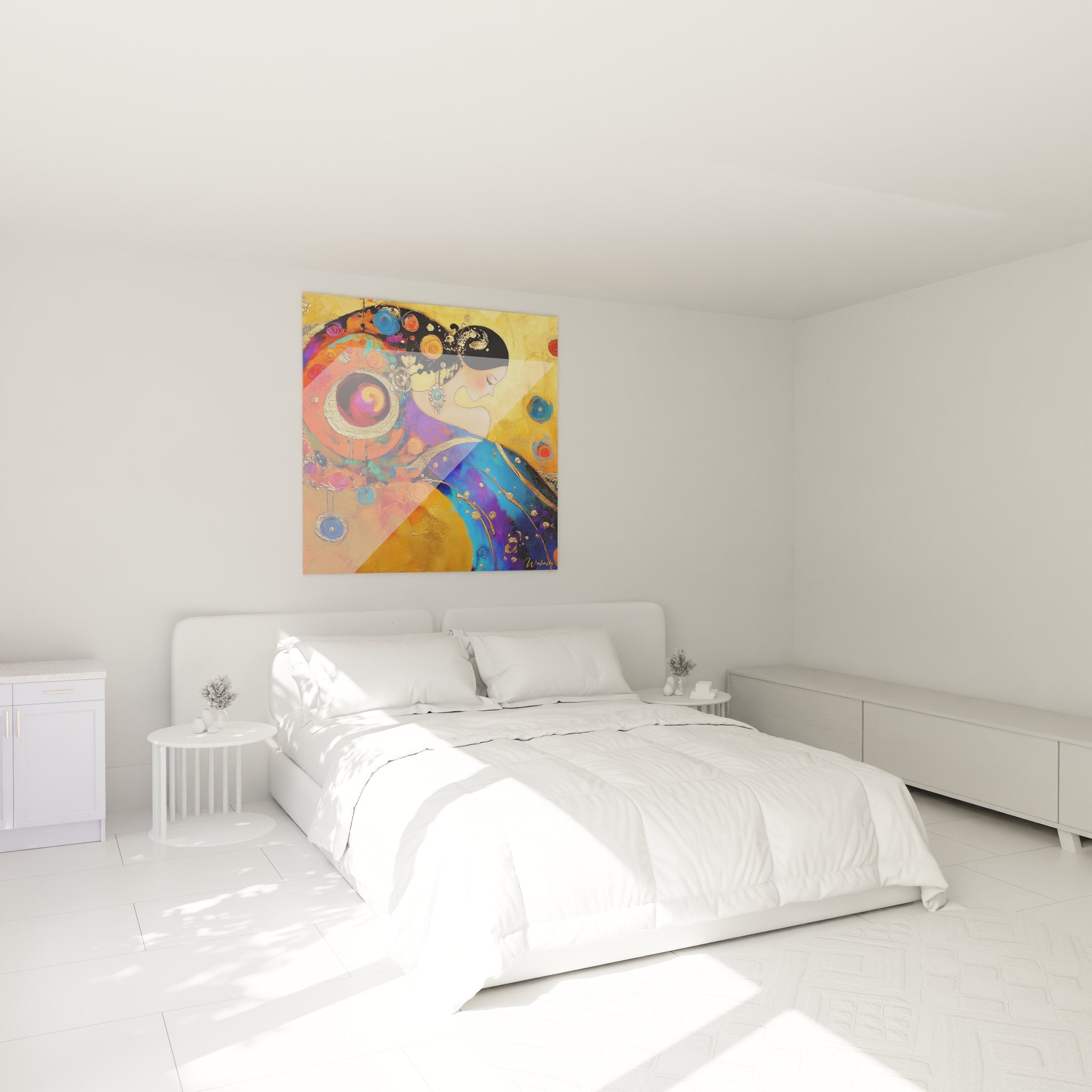 Ambiance chambre avec tableau femme cosmique spirales abstraites décoration murale élégante