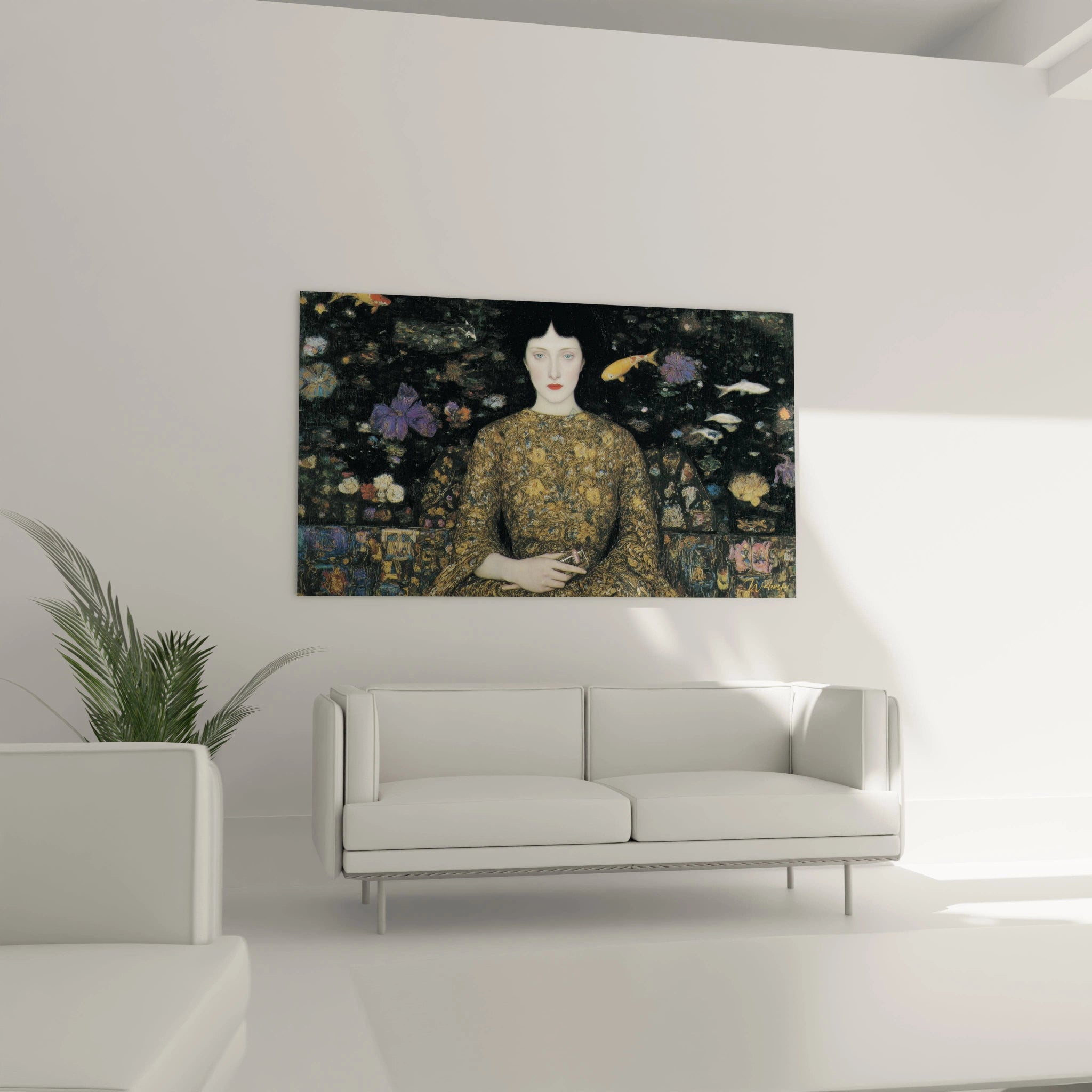 tableau femme symboliste mural Walensky portrait femme aux mains croisees robe doree motifs floraux et poissons dans salon moderne