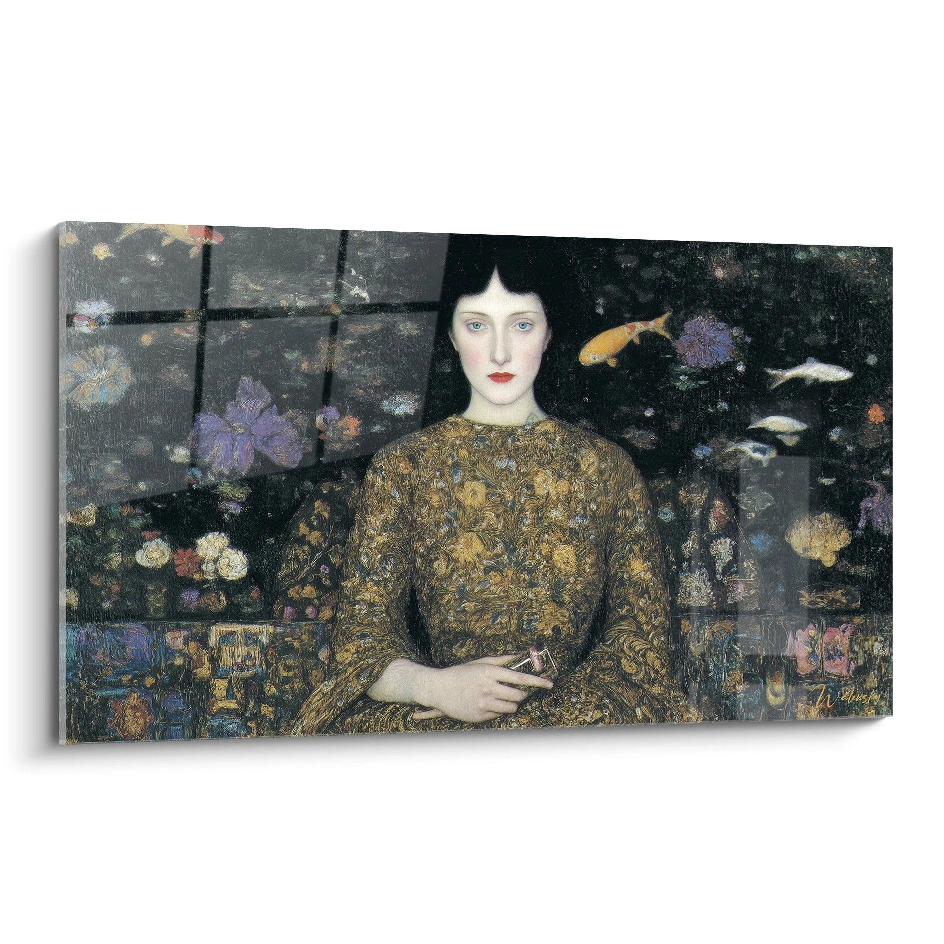 Walensky tableau mural tableau femme symboliste représentant une femme pâle en robe dorée avec poissons et fleurs sur fond sombre