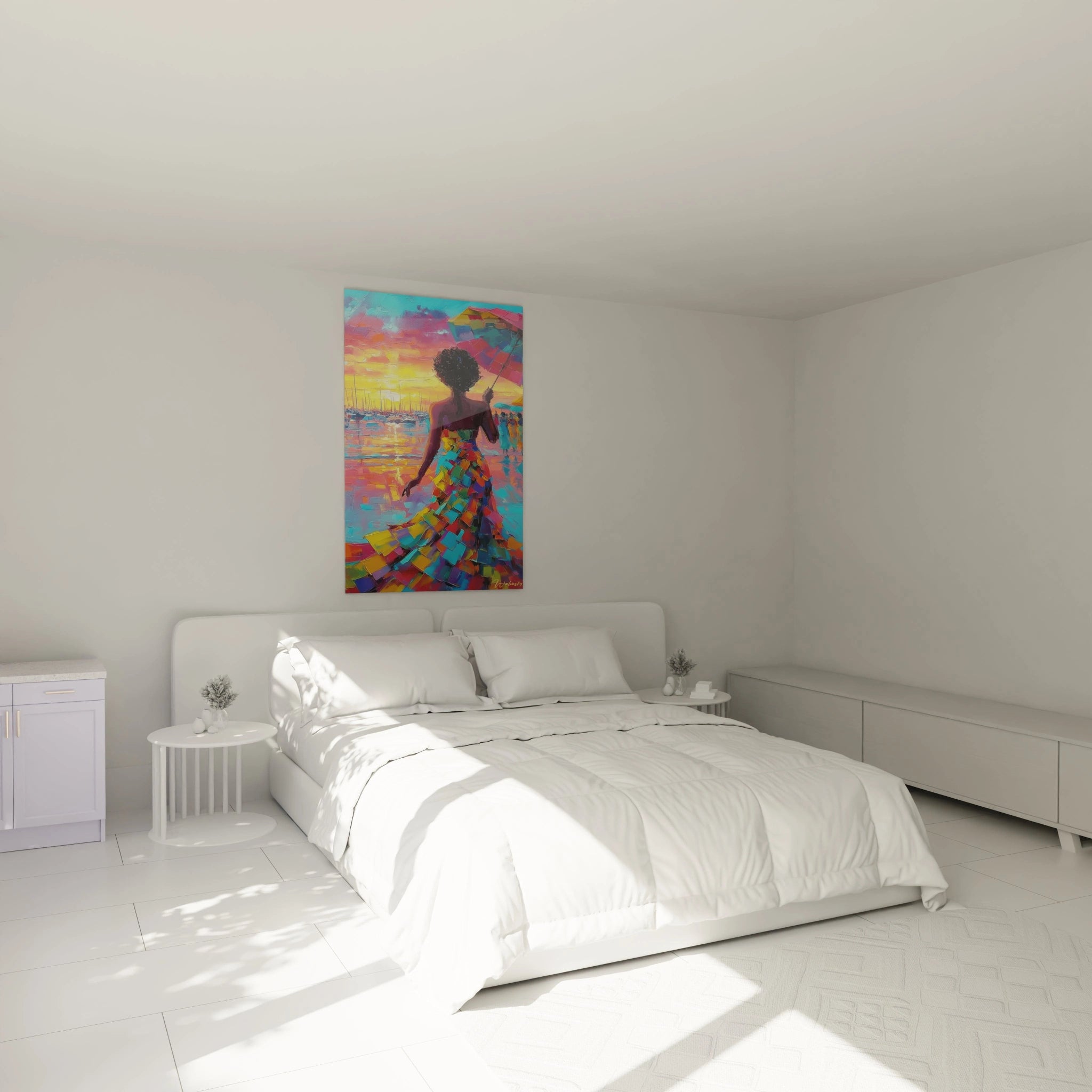 Tableau femme coucher de soleil coloré accroché dans une chambre moderne et lumineuse