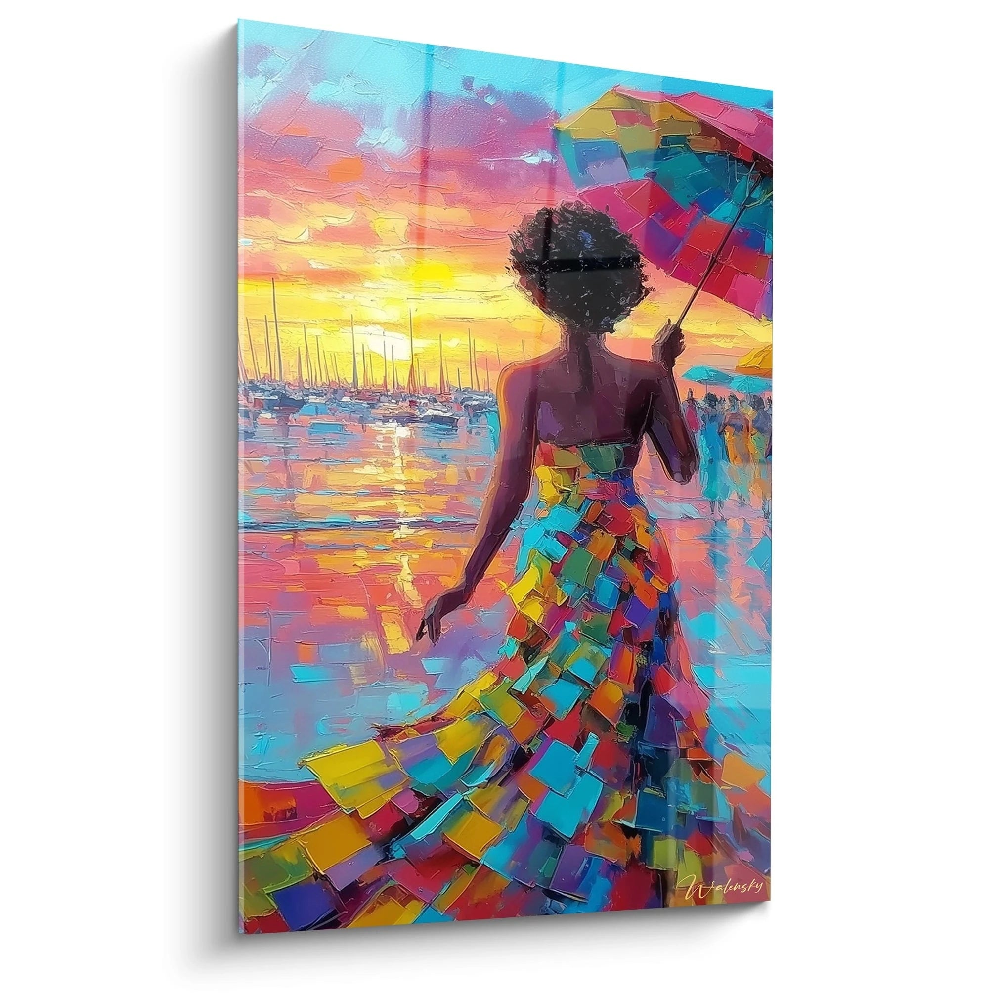 Tableau femme coucher de soleil avec une robe colorée et un parapluie sur fond marin