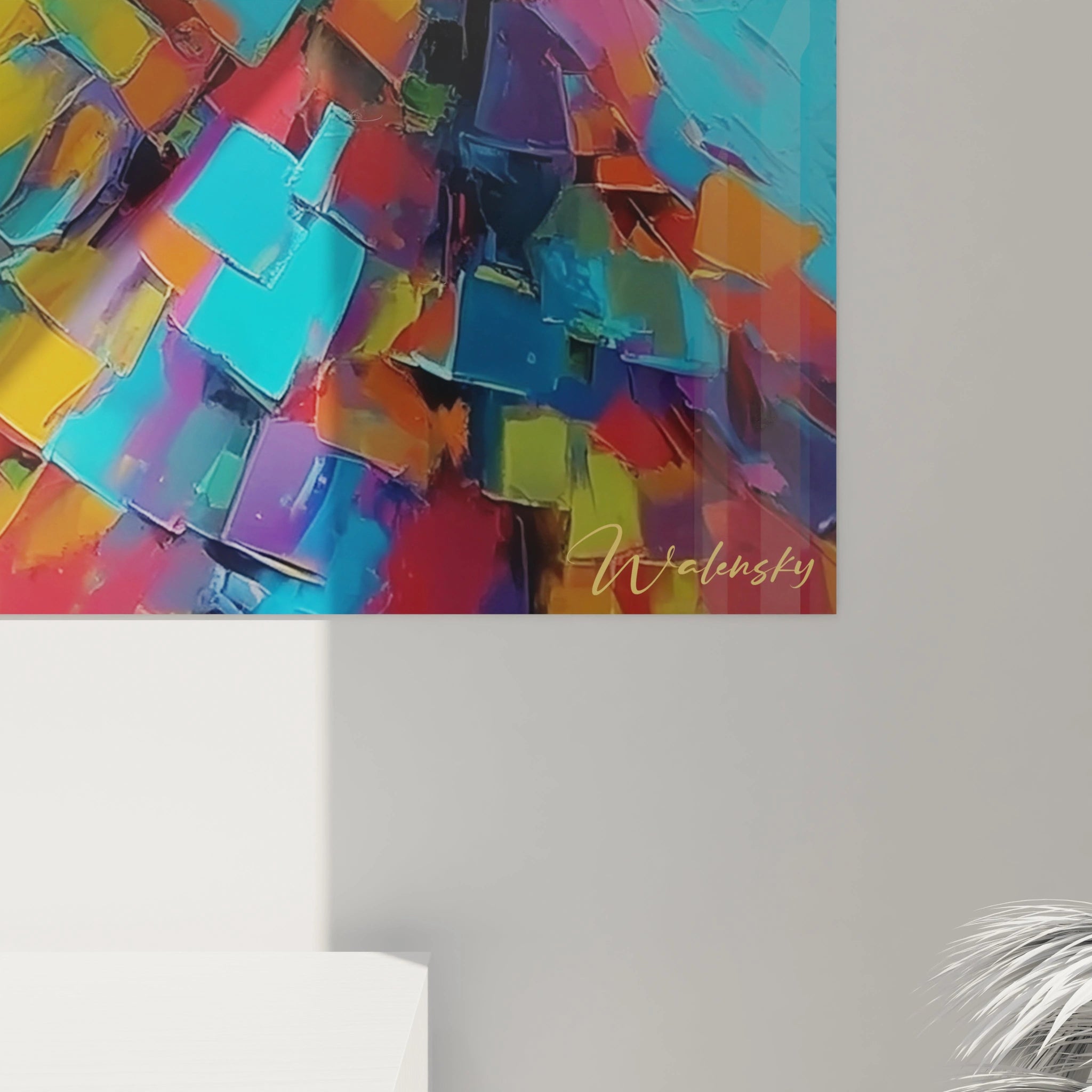 Tableau mural femme coucher de soleil avec des couleurs vives et des textures dynamiques par Walensky