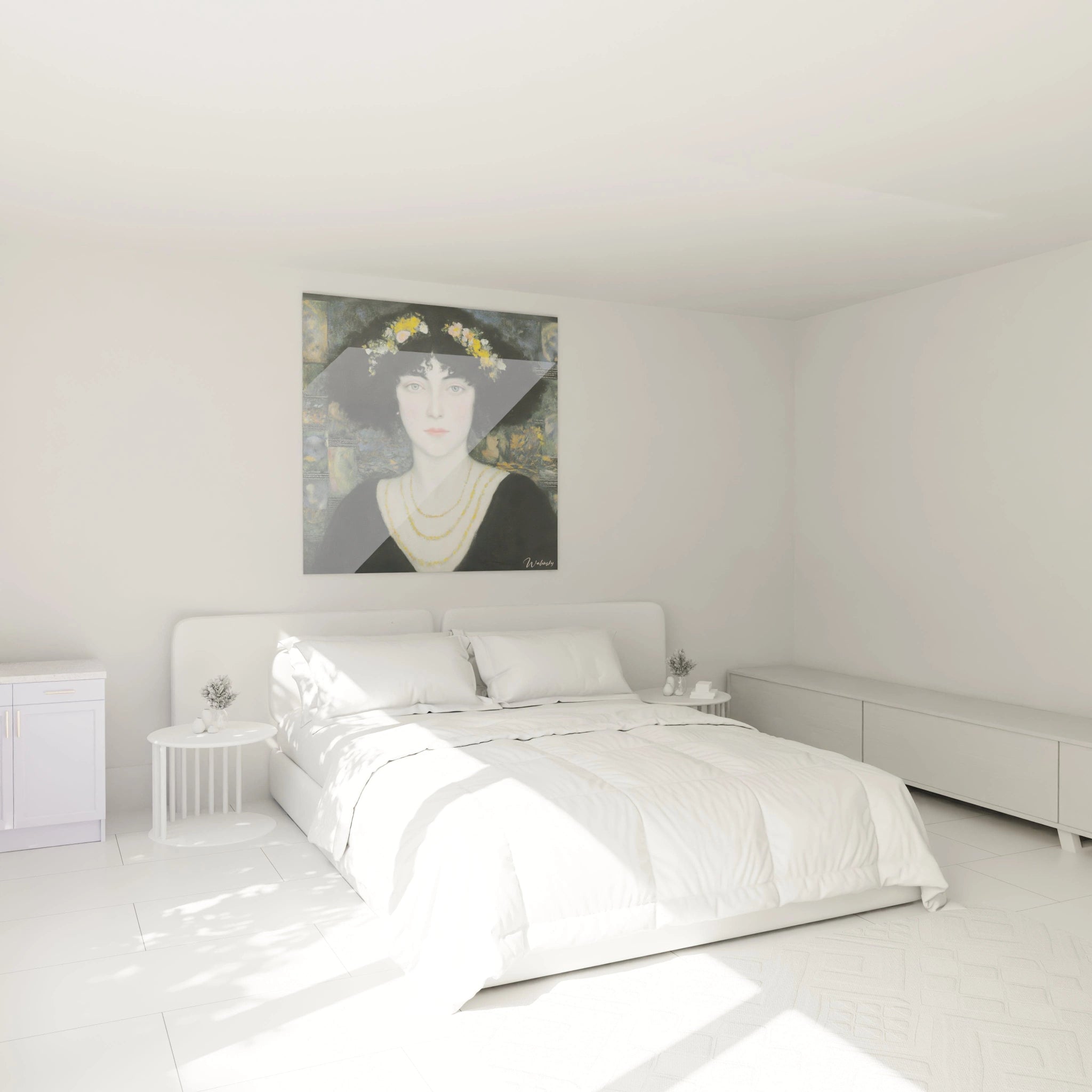 tableau femme symboliste Walensky accroché au dessus du lit blanc dans une chambre minimaliste et lumineuse