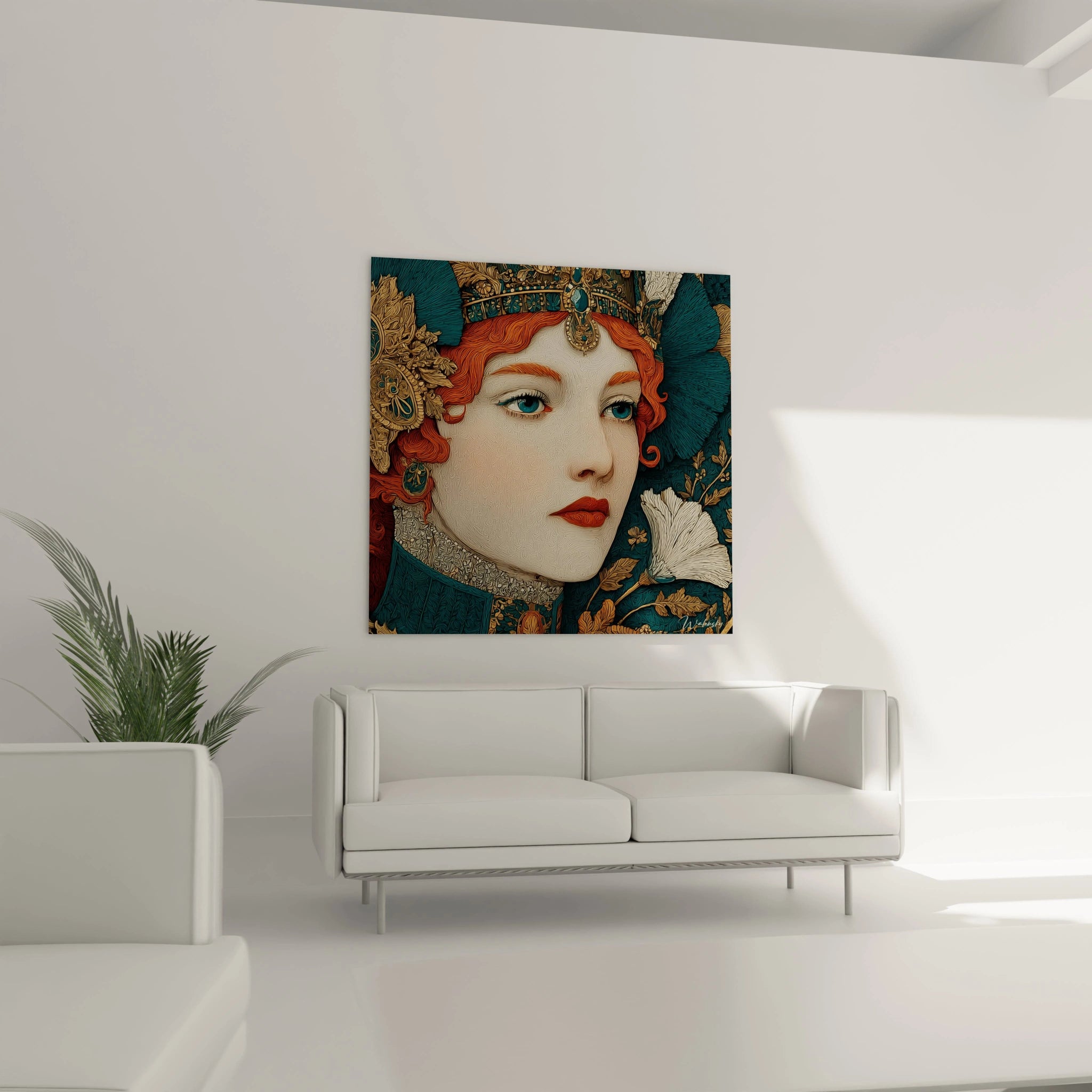 tableau femme art nouveau Walensky toile murale carrée portrait femme rousse orné avec une coiffe et une fleur blanche