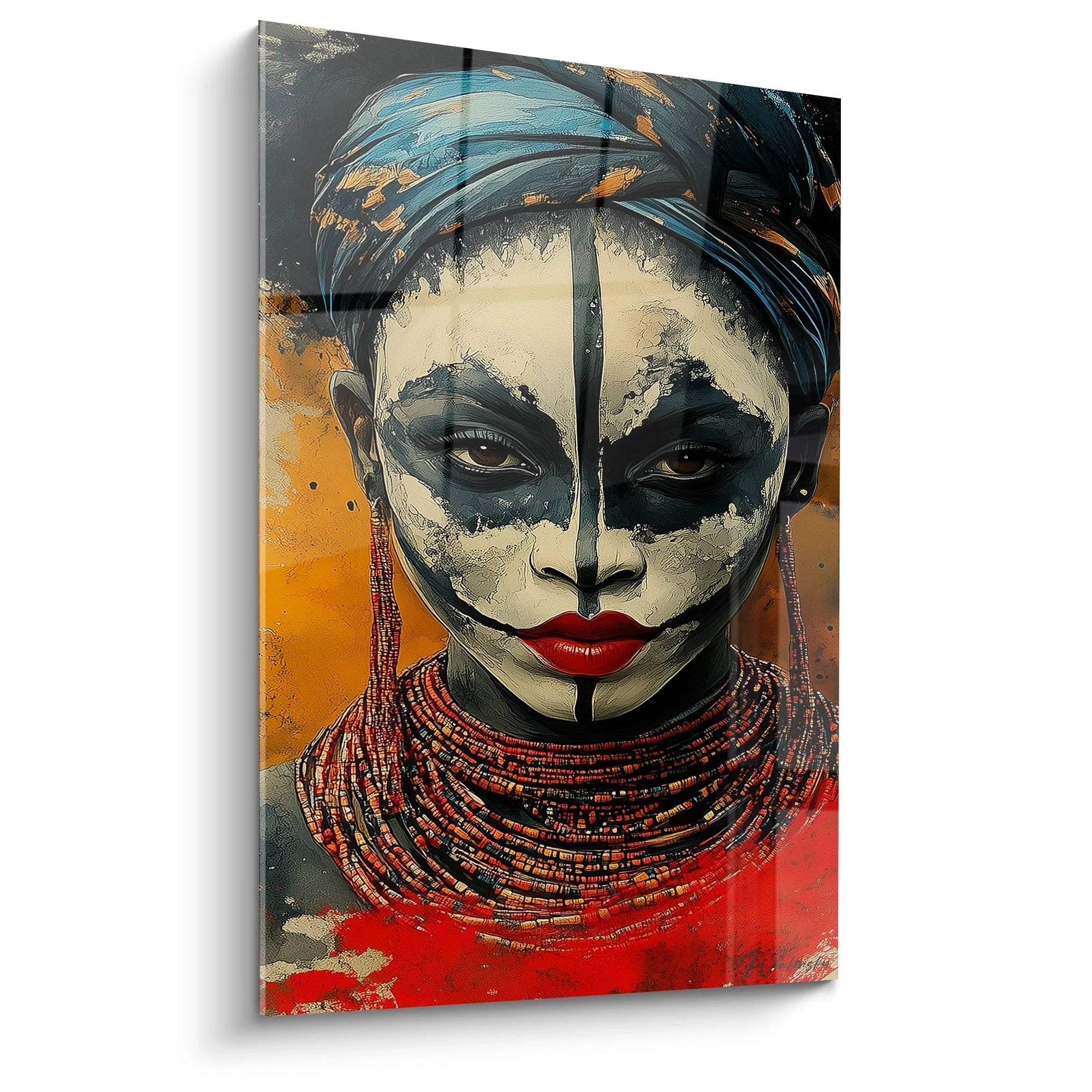 Tableau africain mural de Walensky portrait femme maquillage tribal bleu rouge