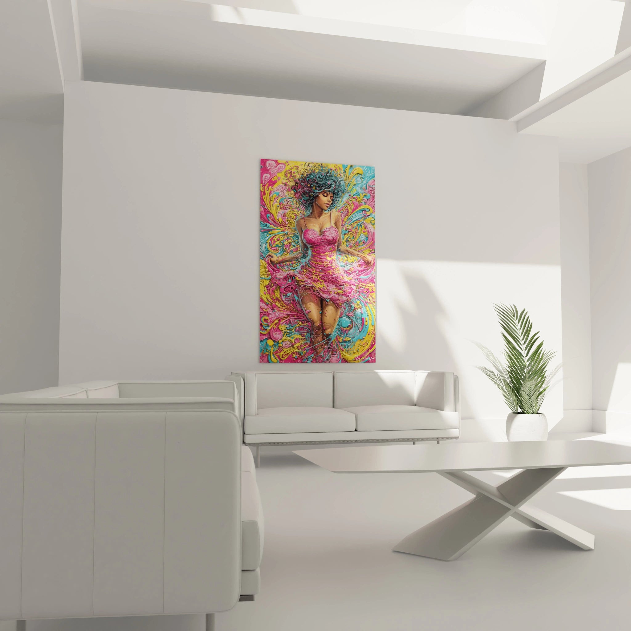 Coloriertes Vintage-Frauengemälde an der Wand in einem modernen Interieur mit weißen Wänden