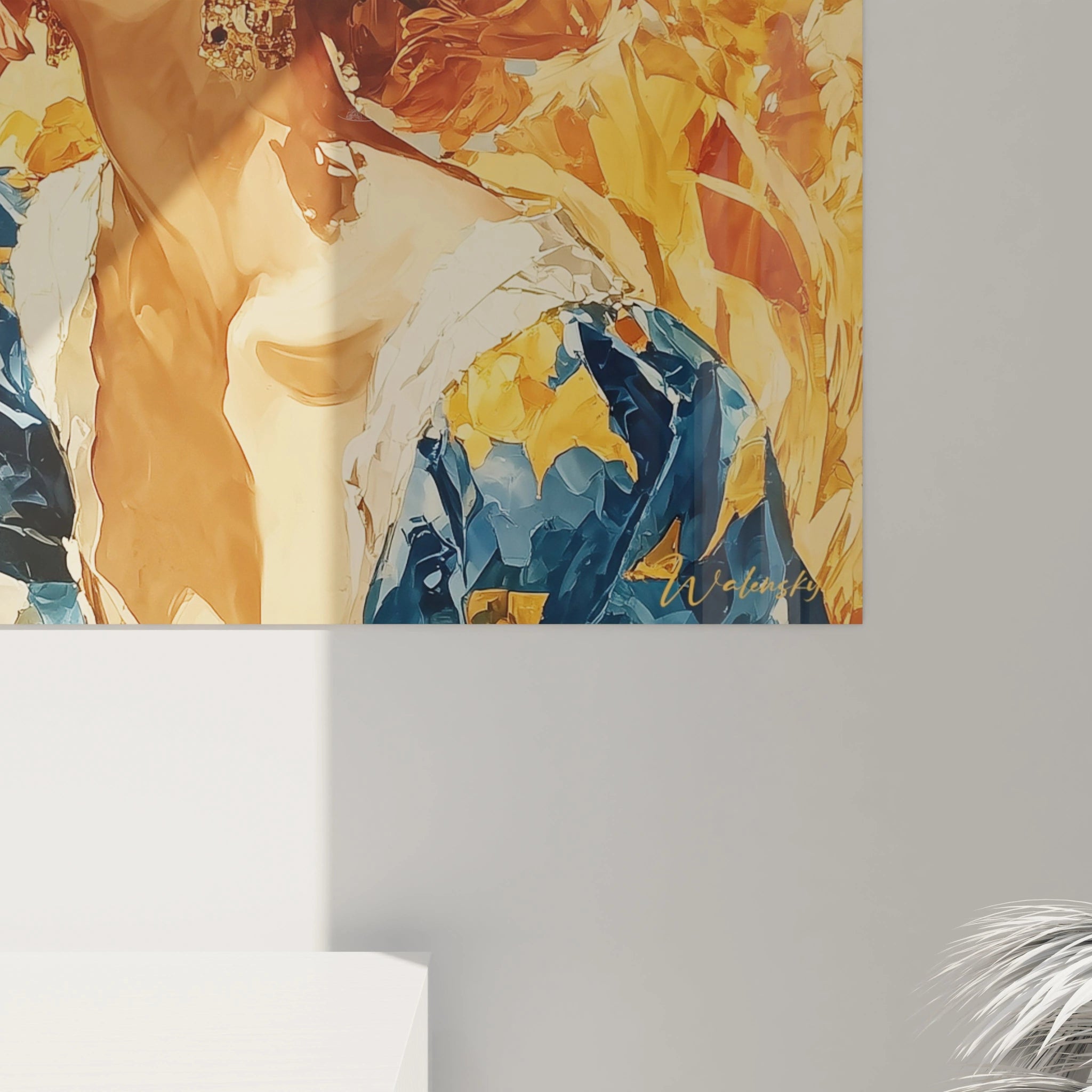 Impression murale Walensky montrant portrait stylise en jaune et bleu tableau femme renaissance italienne pour decoration moderne