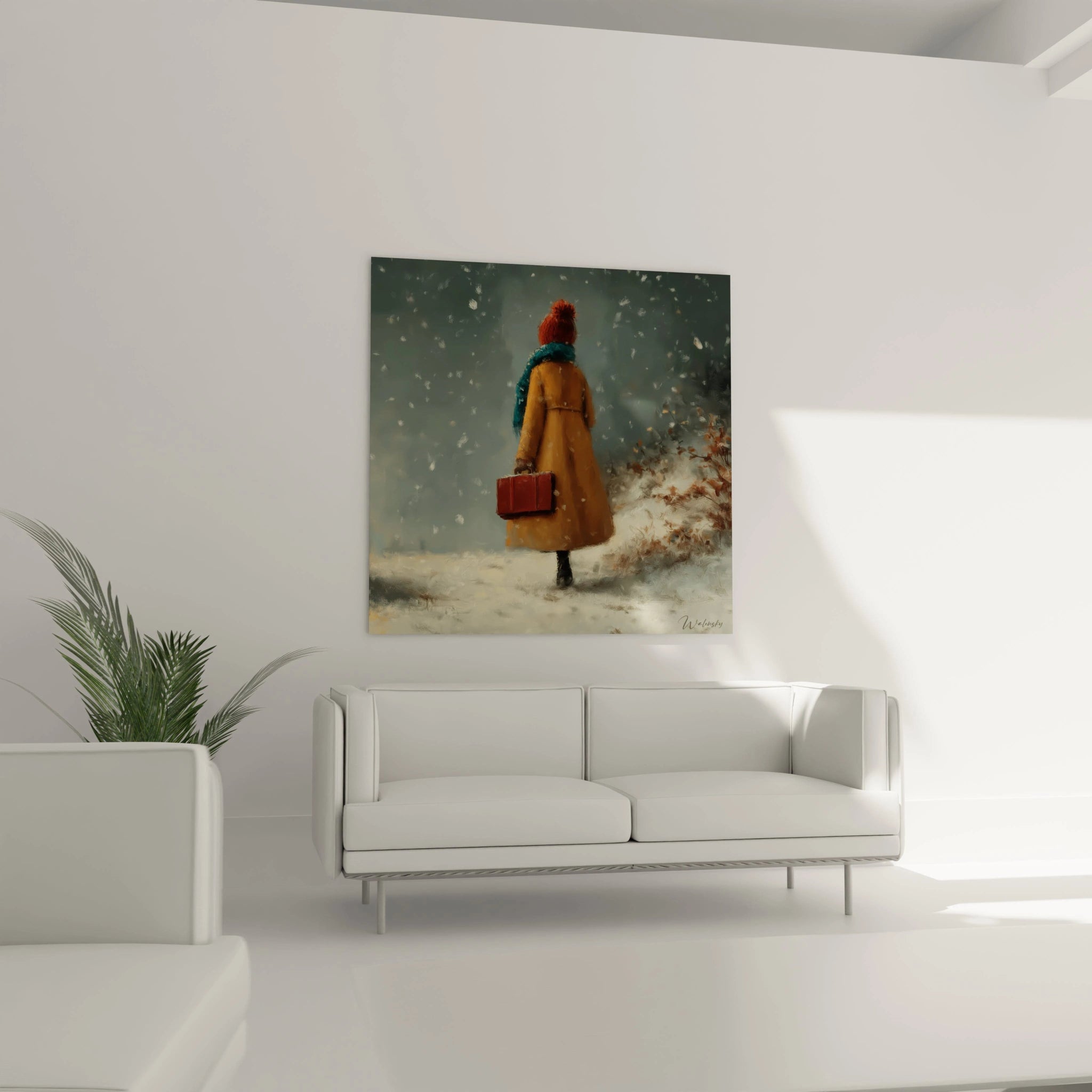 tableau femme hiver Walensky montrant une femme en manteau jaune et bonnet rouge tenant une valise dans la neige au dessus d un canapé blanc