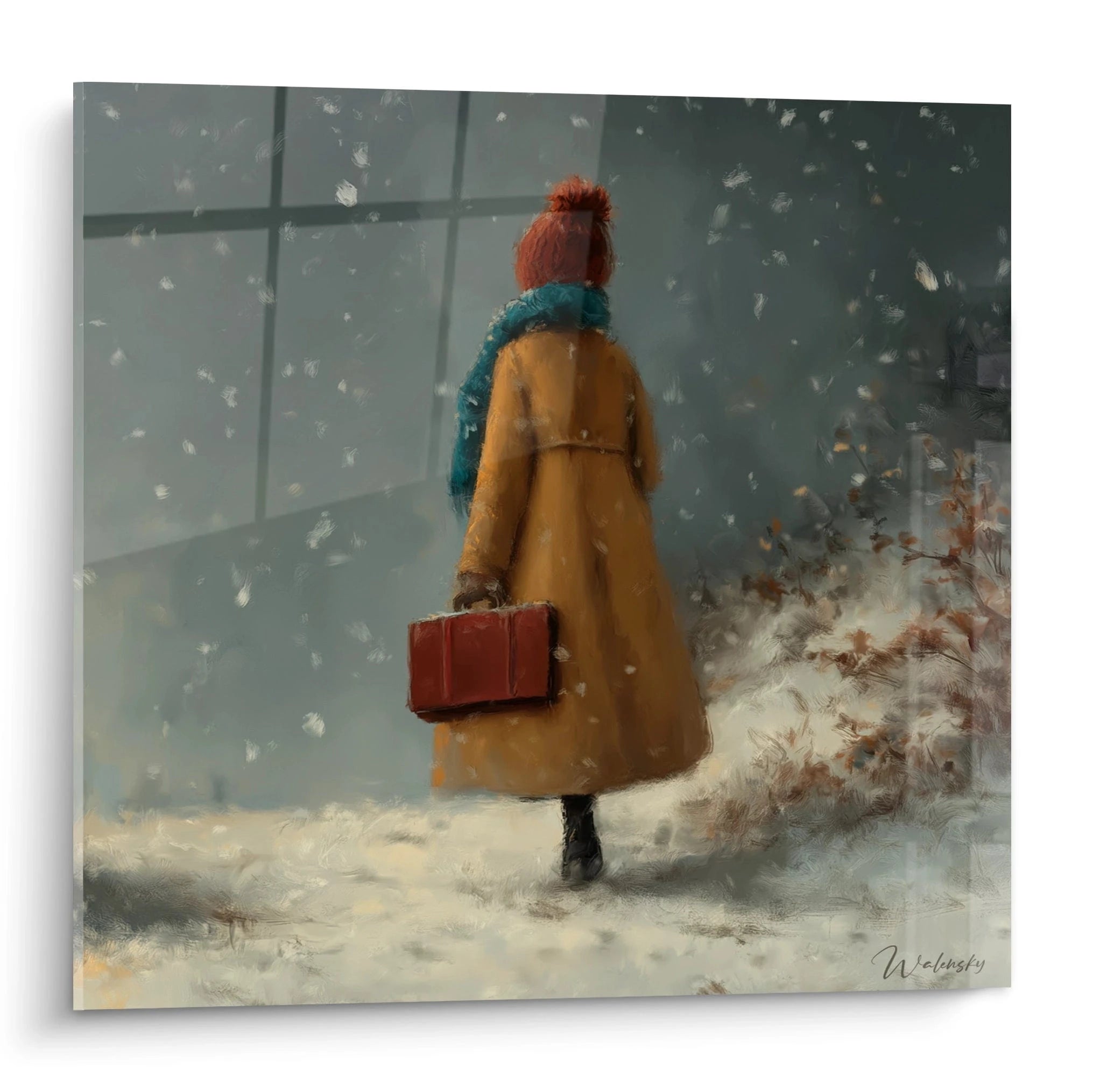 Walensky tableau femme hiver peinture murale femme de dos manteau ocre echarpe bleue valise rouge sous la neige