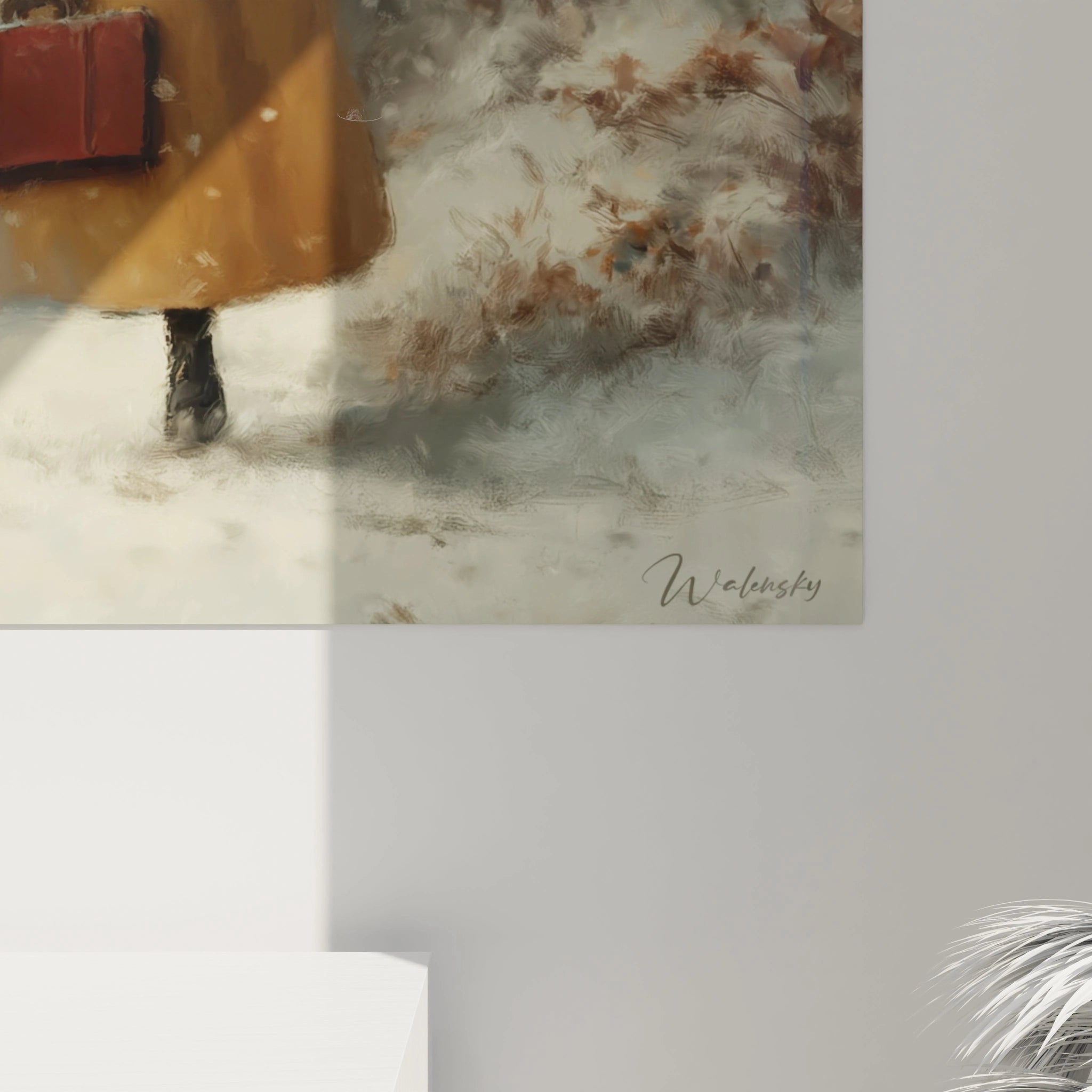 Tableau mural Walensky tableau femme hiver montrant le bas d une femme en manteau marchant dans la neige avec bottes noires