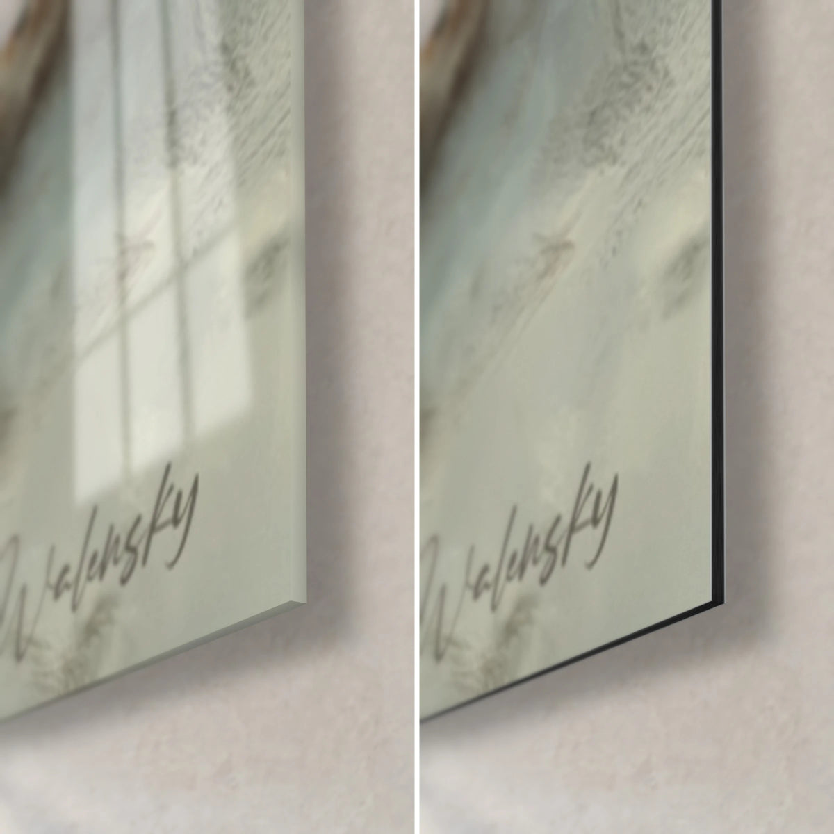 Gemälde Spaziergängerin im senfgelben Mantel, untere rechte Ecke: glänzendes Acrylglas links, matt gebürstetes Dibond rechts, 3 mm Kante