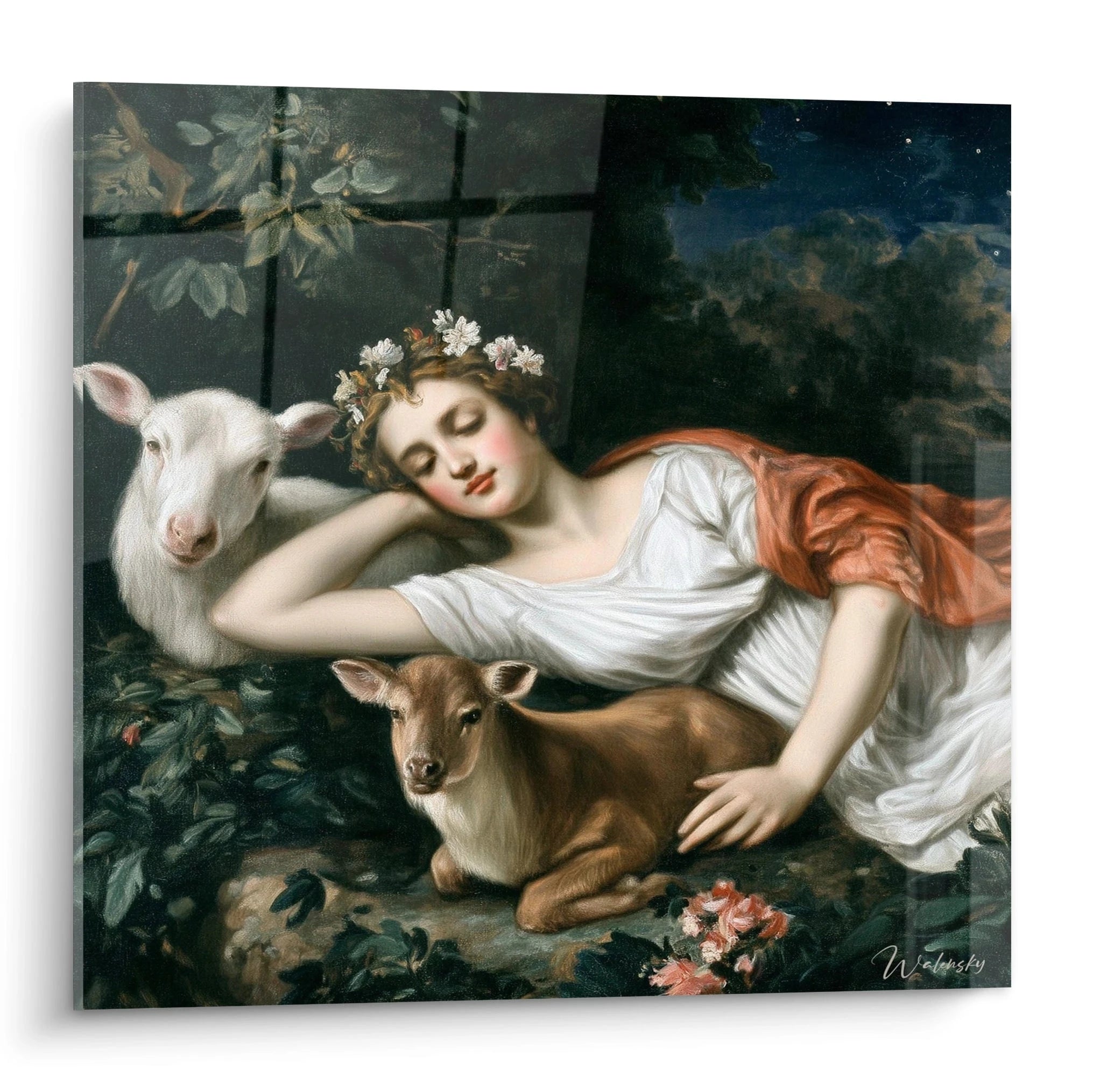 Tableau femme protectrice néo classique Walensky montrant femme allongée en robe blanche avec agneau et veau dans paysage nocturne