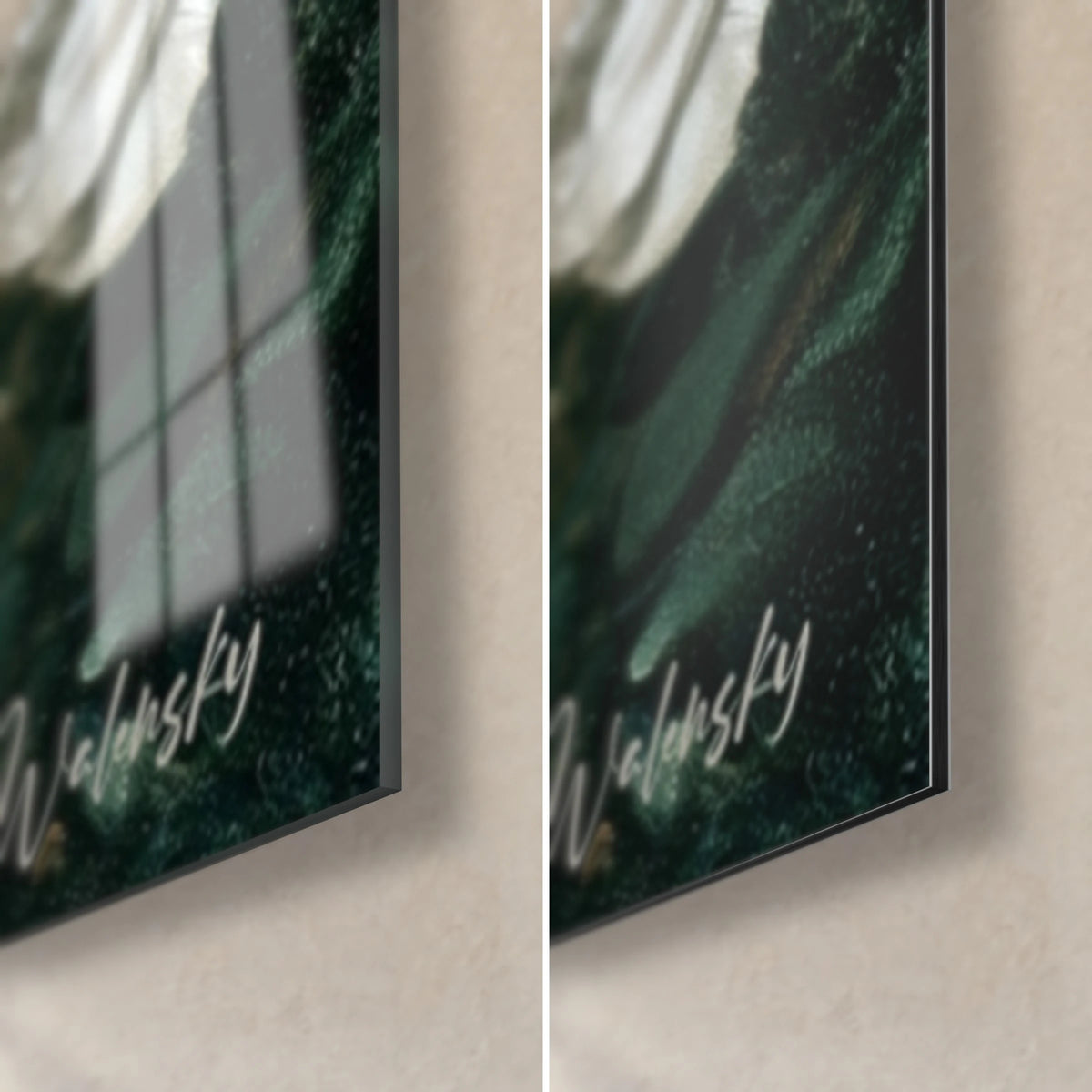 Wall art sleeping goddess in a white dress, bottom right corner: glossy glass on the left, matte Dibond aluminium on the right, 3 mm edge