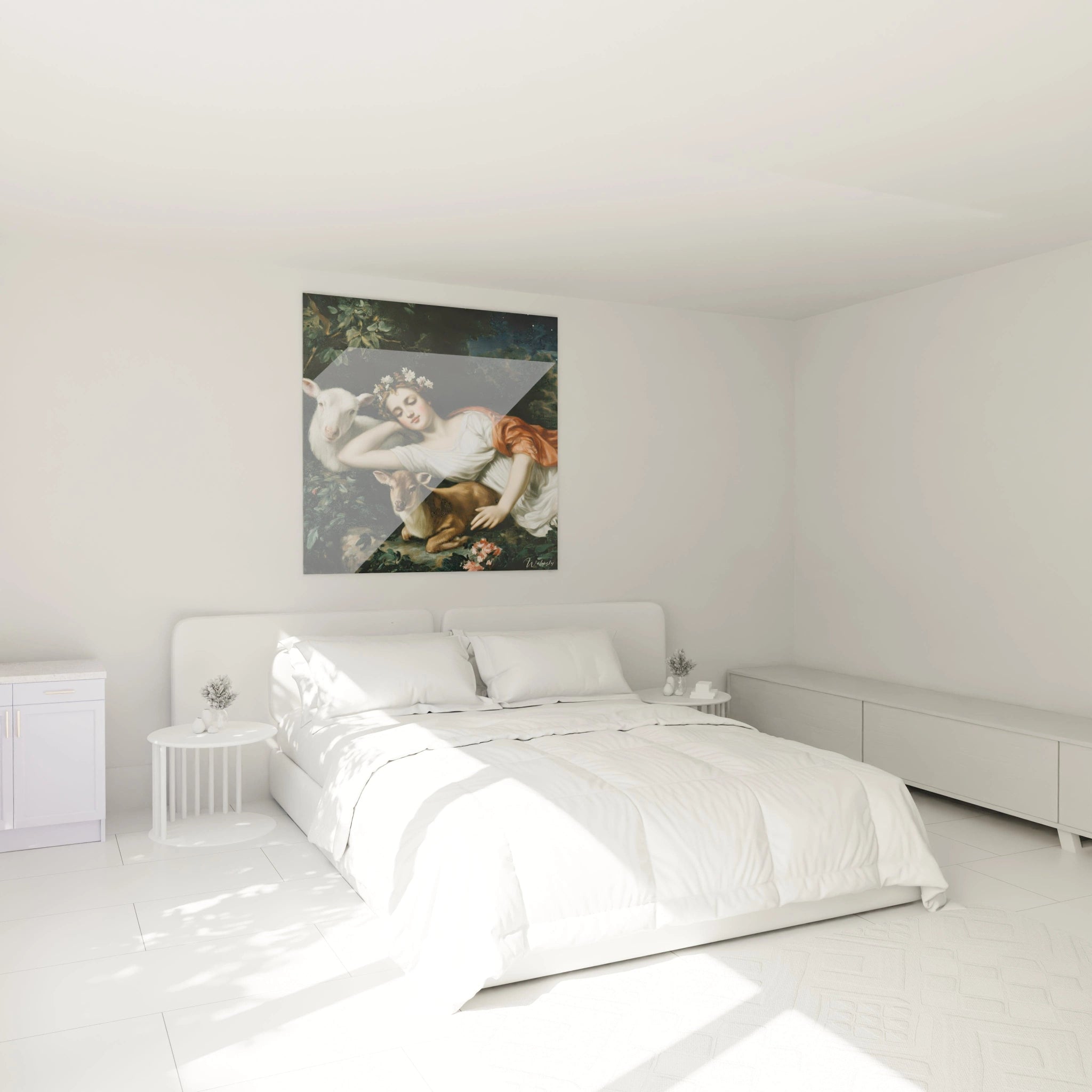 Tableau femme protectrice néo classique de Walensky au-dessus d'un lit blanc minimaliste dans une chambre lumineuse