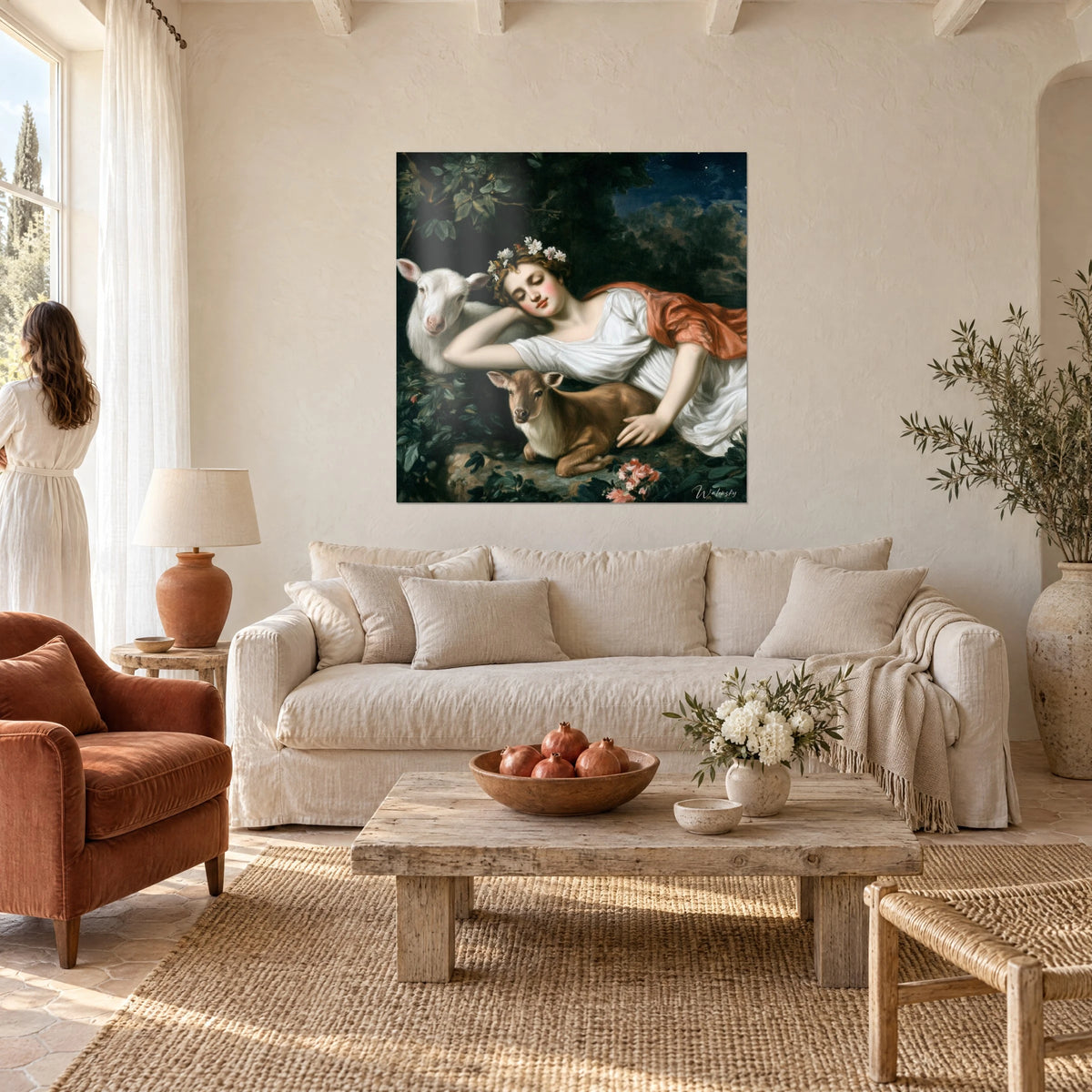 Wall art young sleeper crowned with white flowers, ivory dress, coral drapery, lamb, hanging above a sofa in a bright living room