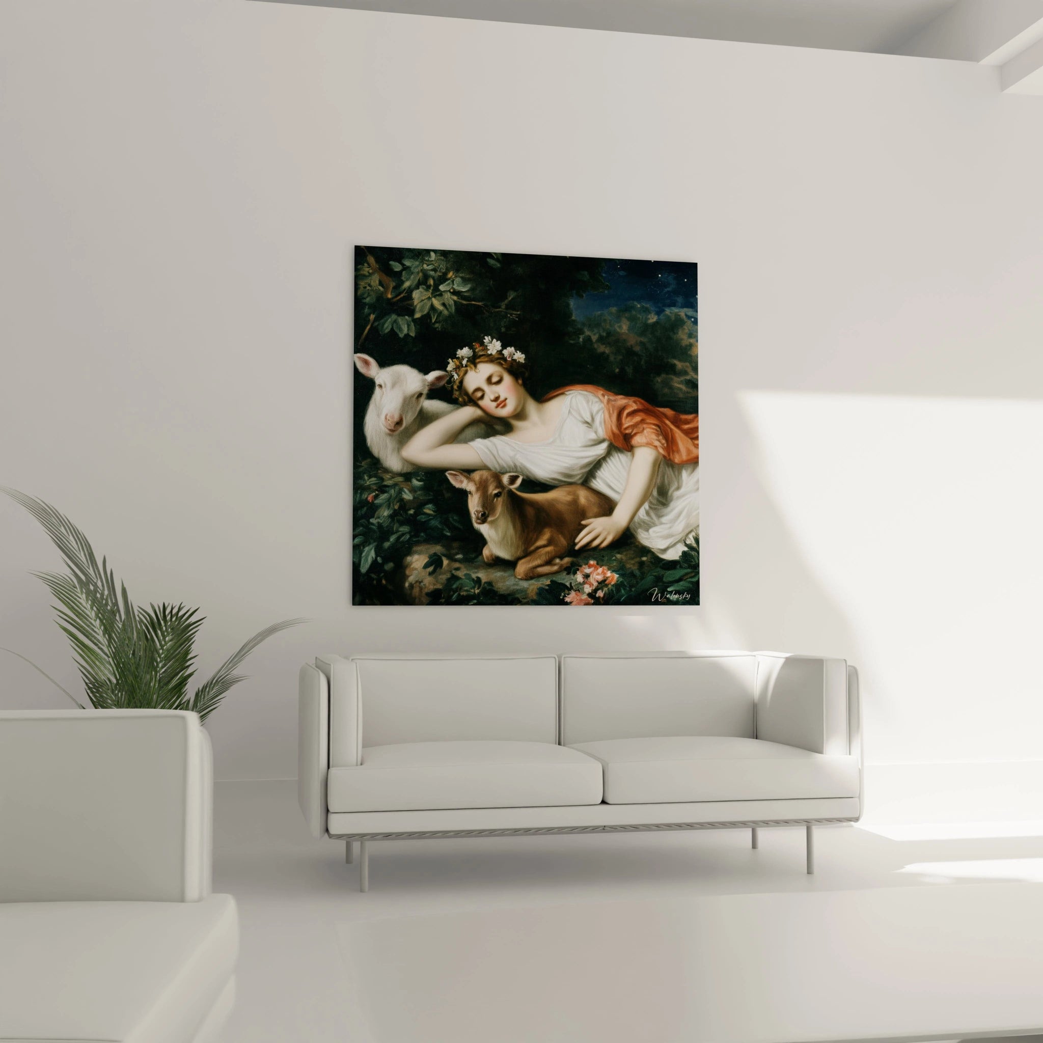 Tableau femme protectrice néo classique Walensky montrant une femme allongée avec un agneau et feuillage sombre