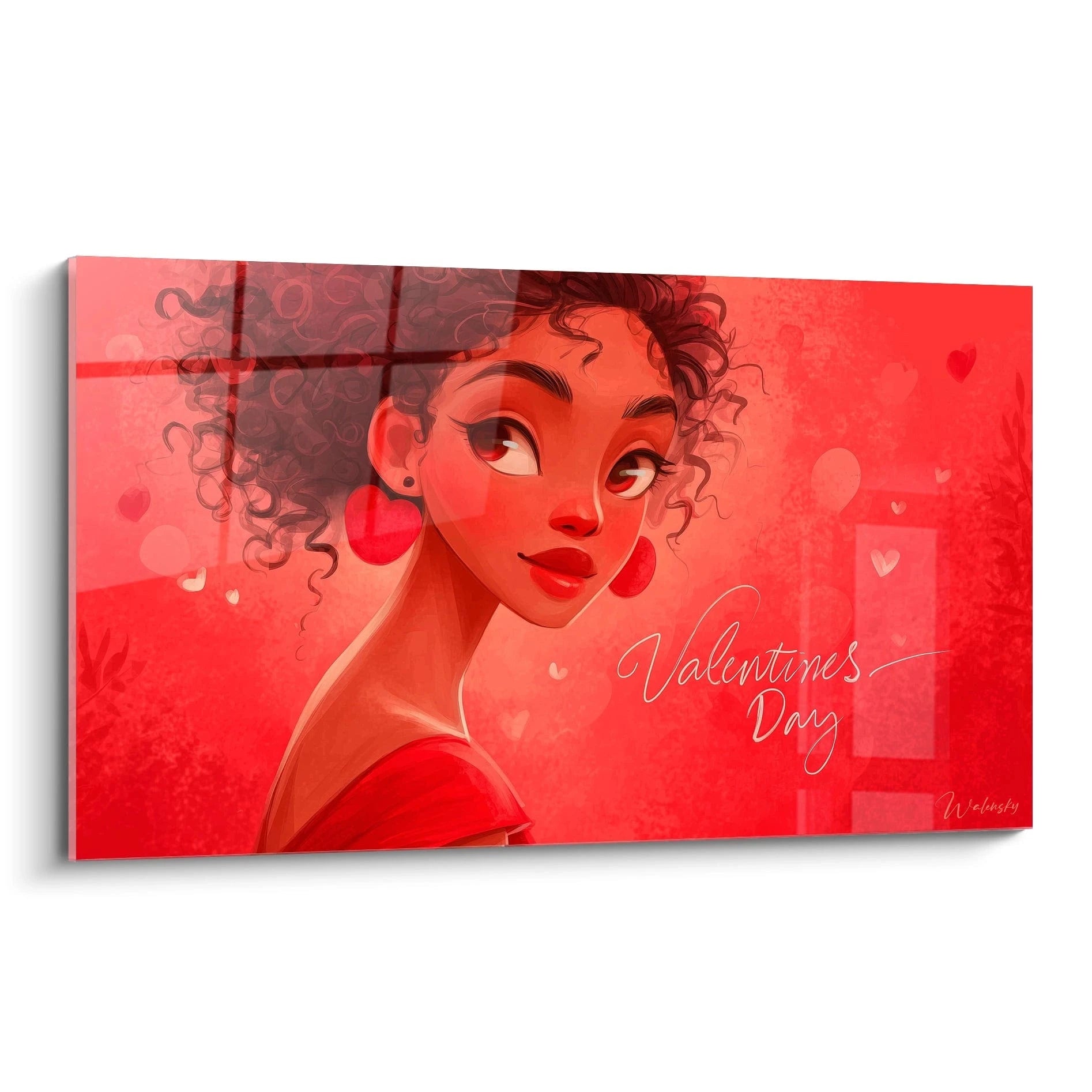 Tableau mural Walensky portrait illustré d une femme aux boucles coeur fond rouge tableau femme séduction saint valentin