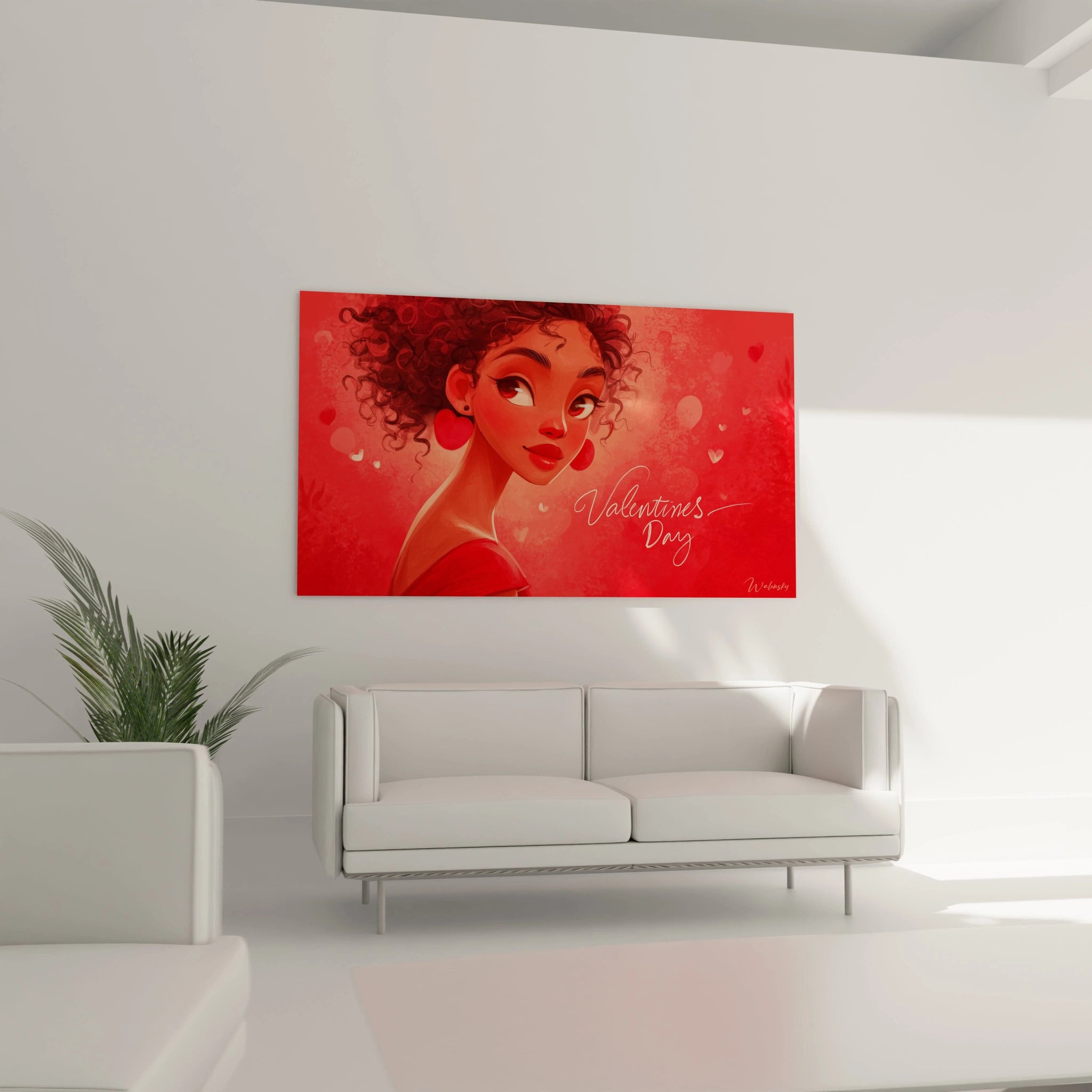 Tableau mural Walensky montrant une femme en portrait romantique fond rouge avec coeurs tableau femme séduction saint valentin