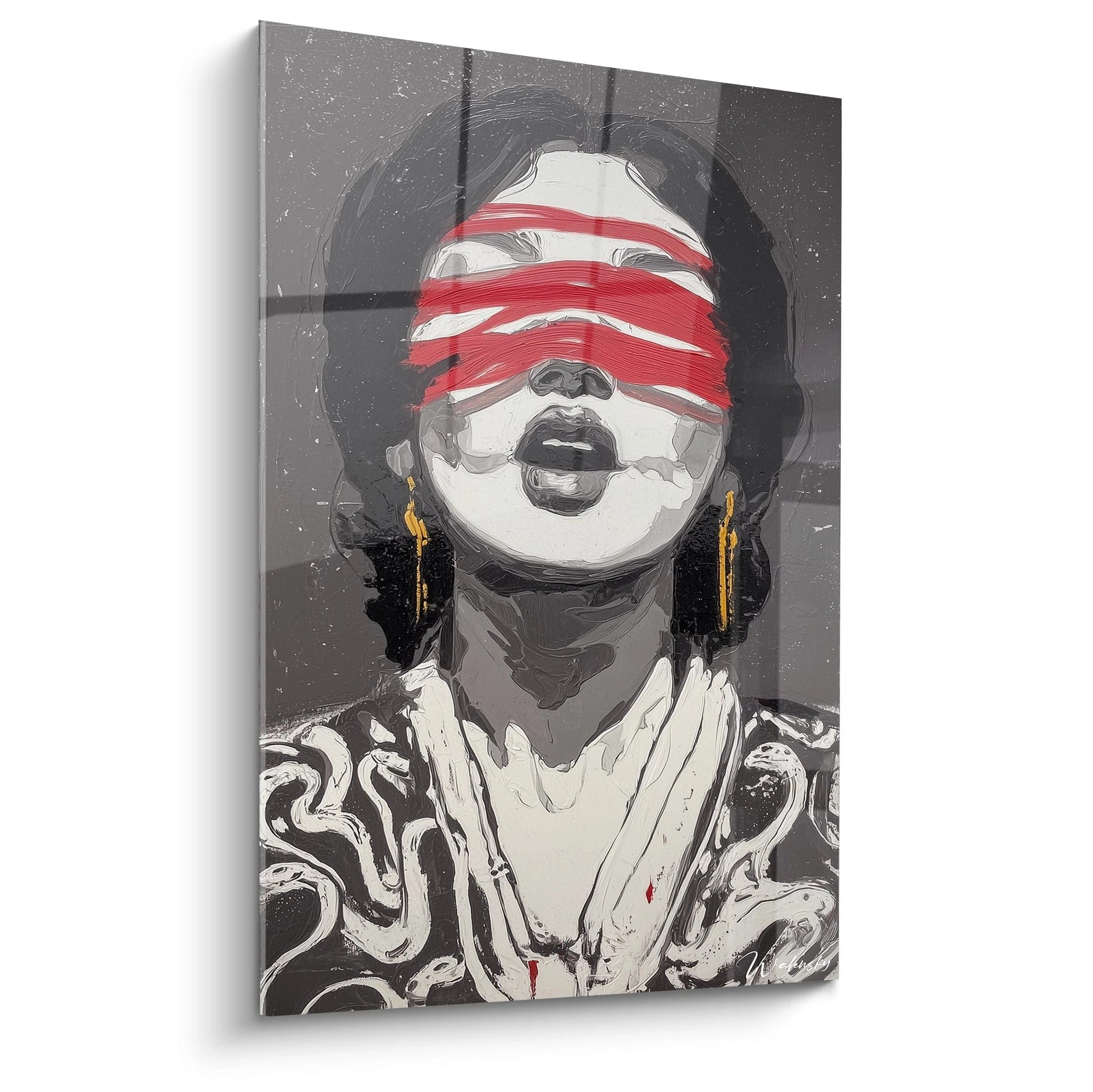 tableau mural femme moderne Walensky portrait stylise d une femme aux yeux bandes rouge boucles dorees mains au cou