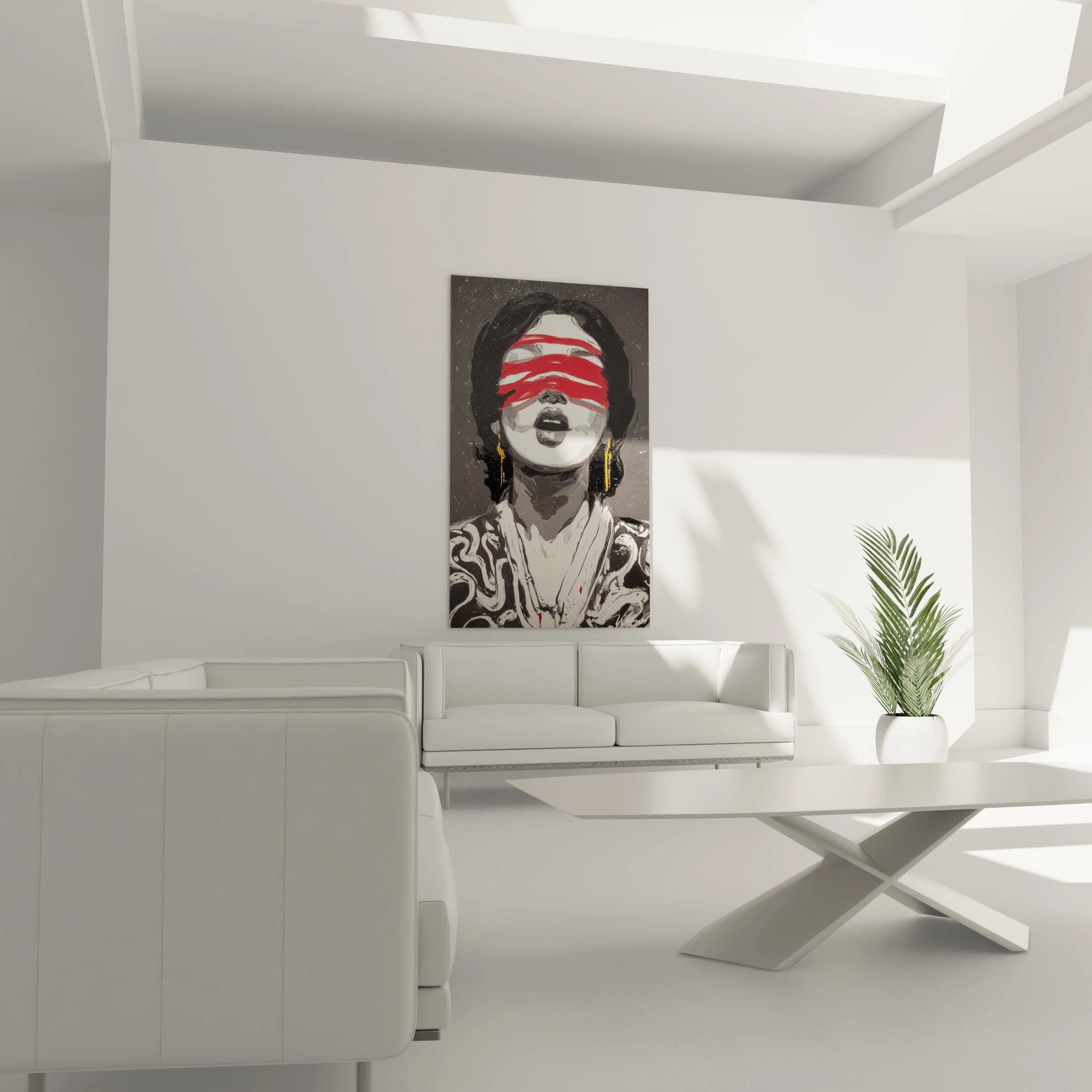 tableau mural femme moderne Walensky visage de femme au bandeau rouge au dessus d un canapé blanc