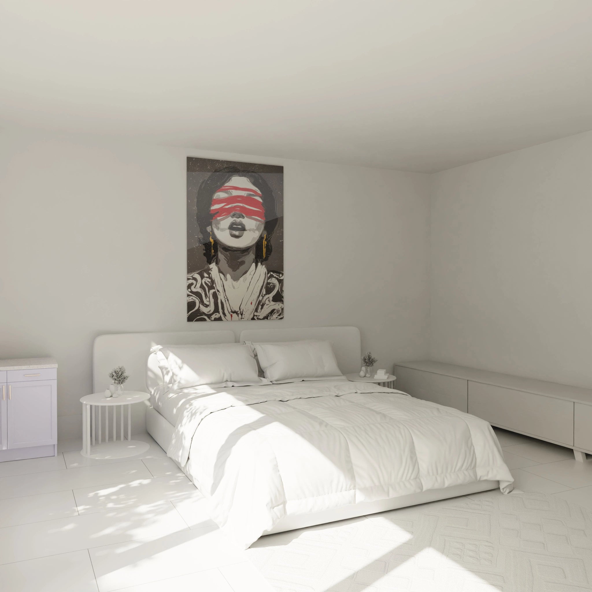 Chambre minimaliste avec lit blanc et tableau mural femme moderne Walensky portrait femme aux yeux bandés