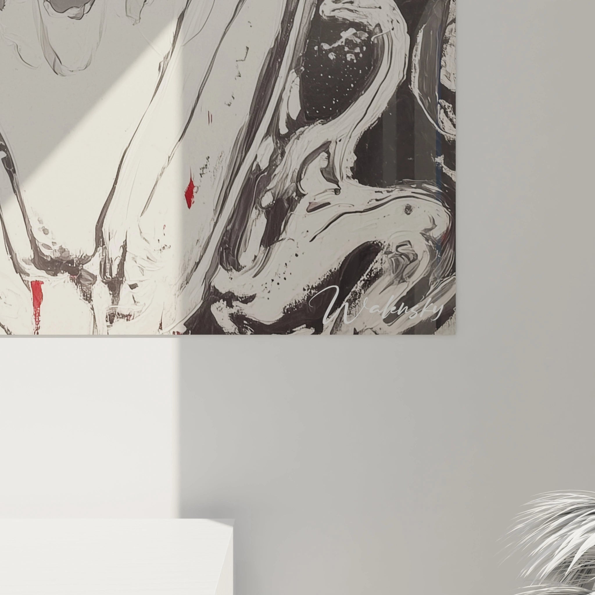 Walensky tableau mural femme moderne abstrait marbre noir et blanc avec touches rouges et signature