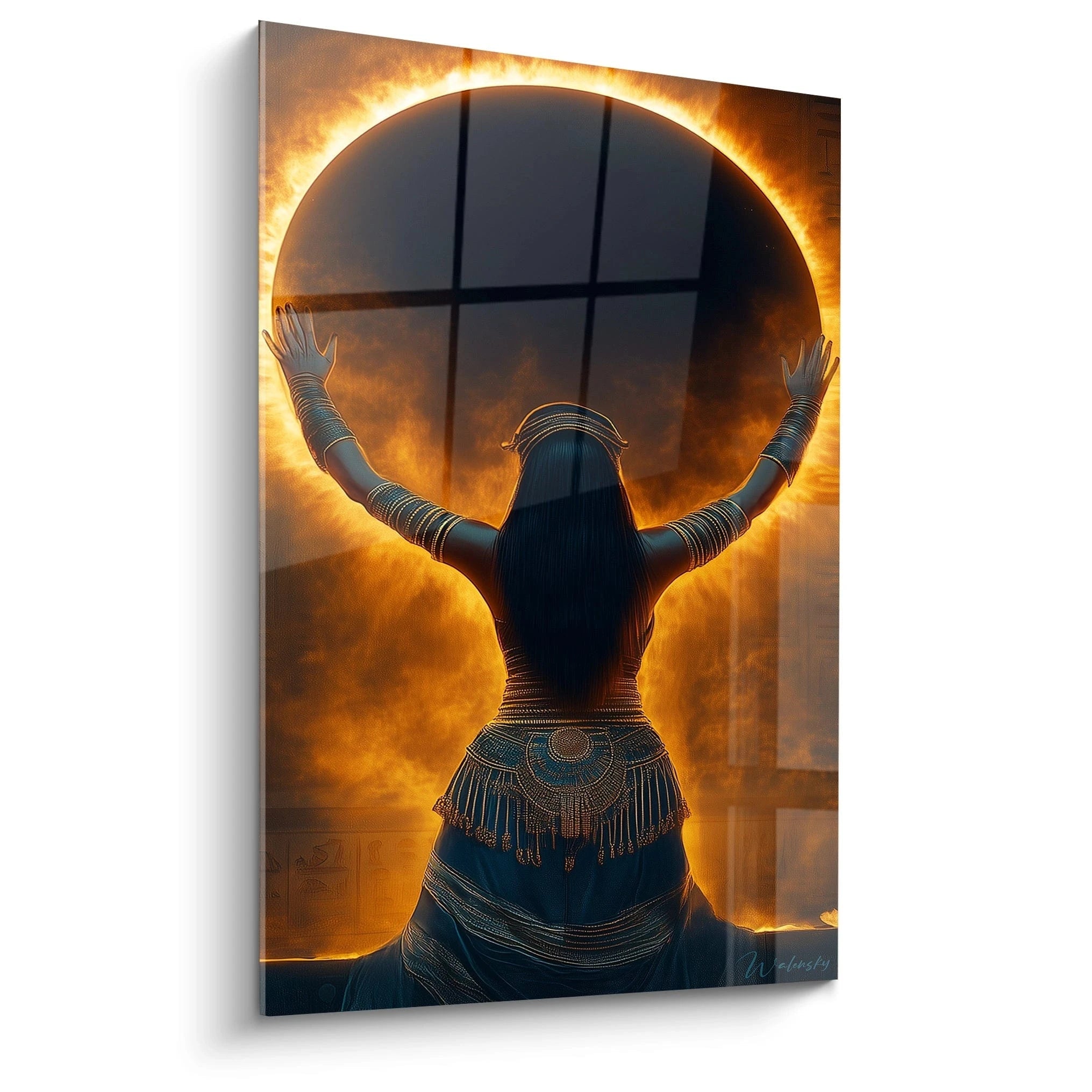 Tableau Egypte mural Walensky représentant une femme égyptienne devant un cercle solaire enflammé