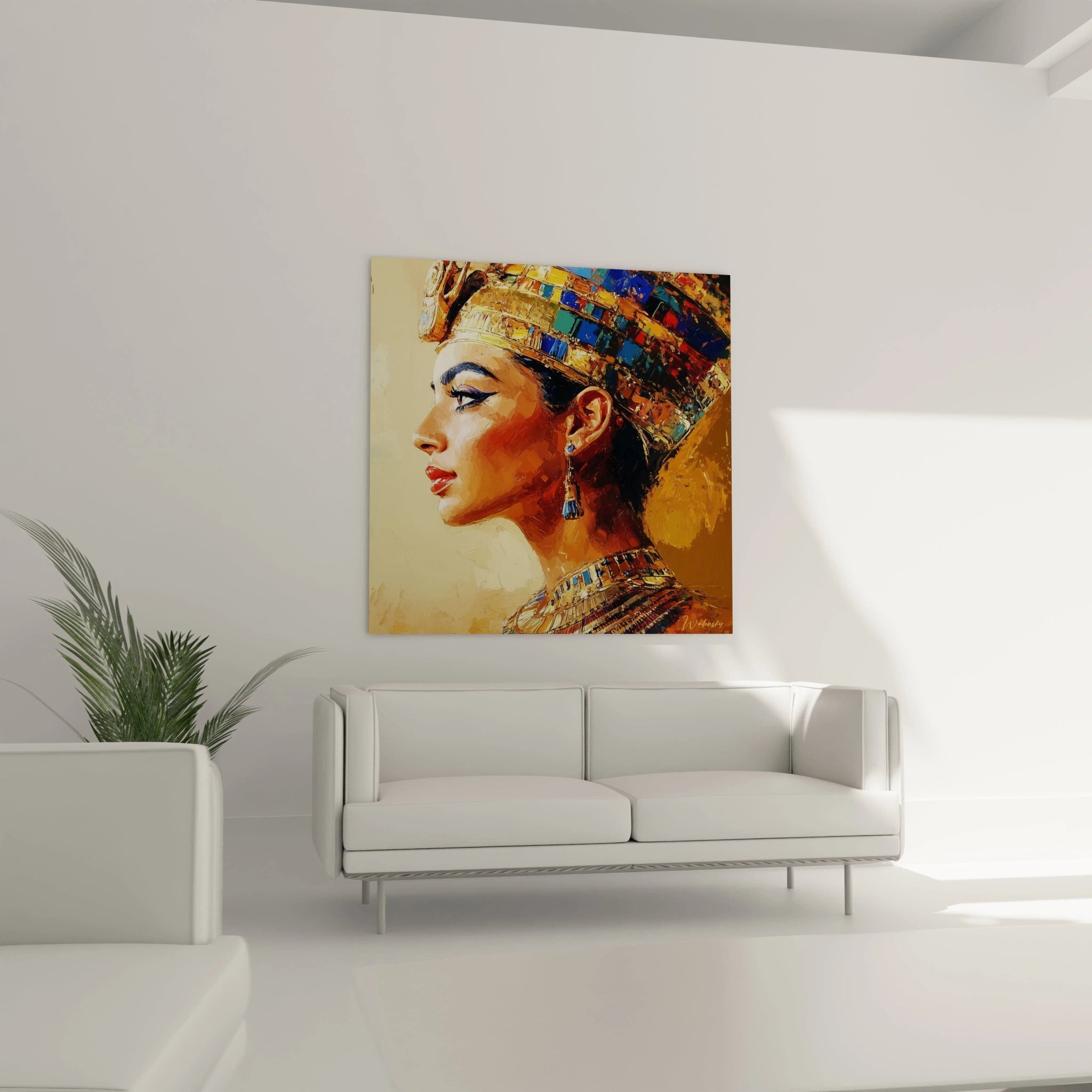 Tableau Egypte mural coloré représentant le profil d'une reine égyptienne dans un salon moderne