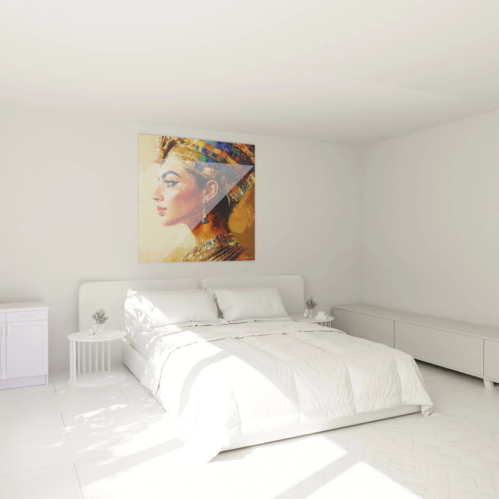 Tableau Egypte mural par Walensky représentant portrait artistique d'une reine égyptienne dans une chambre moderne