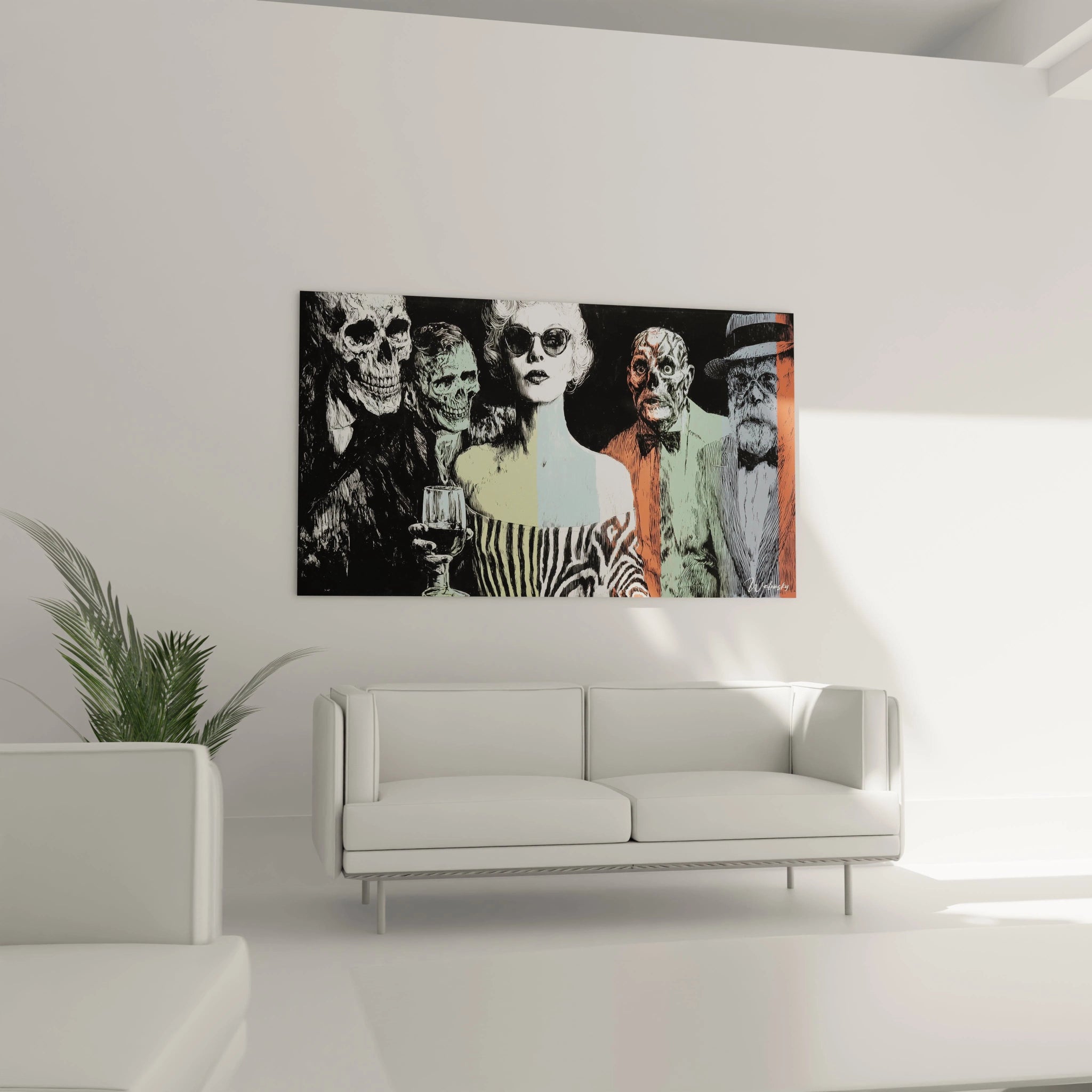 tableau élégance macabre Walensky mural contemporain montrant squelettes femme stylée et motifs colorés au dessus du canapé