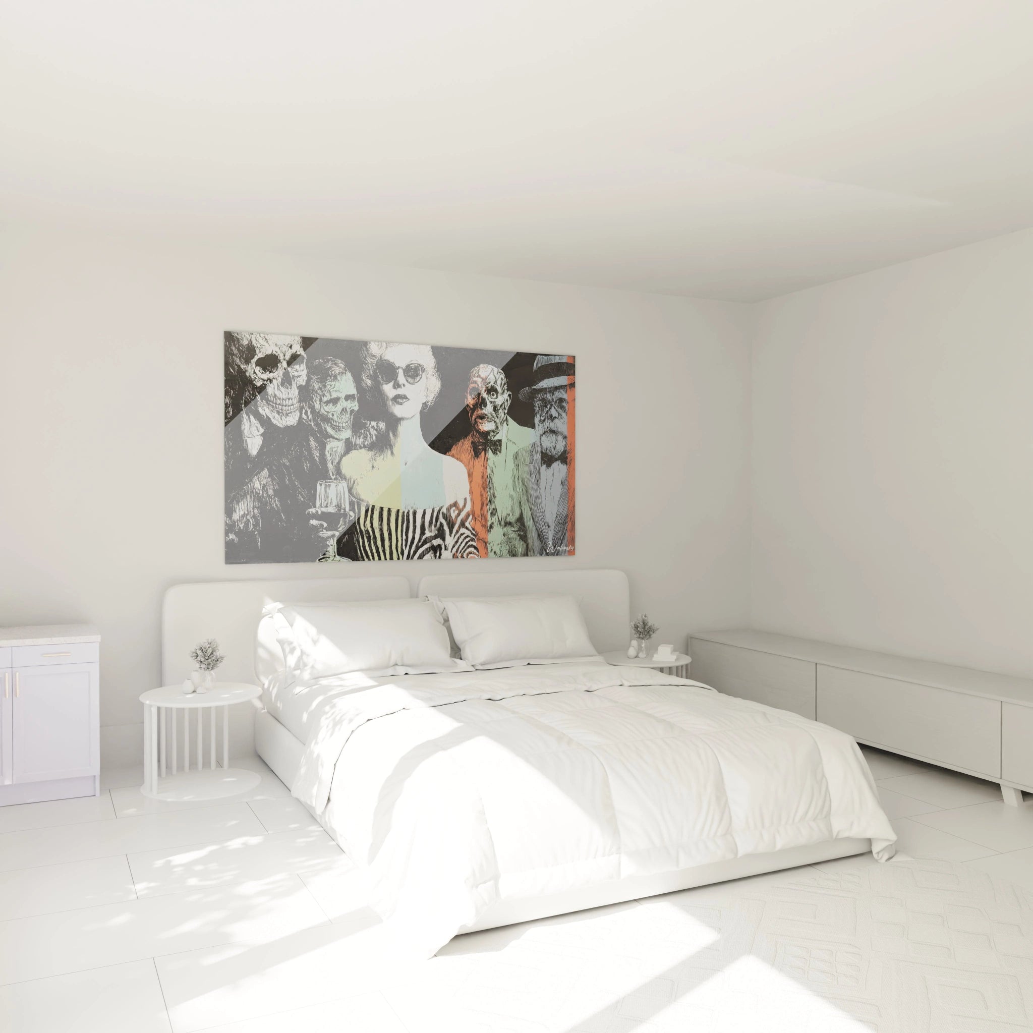 tableau élégance macabre Walensky accroché au dessus d un lit blanc dans une chambre minimaliste et lumineuse