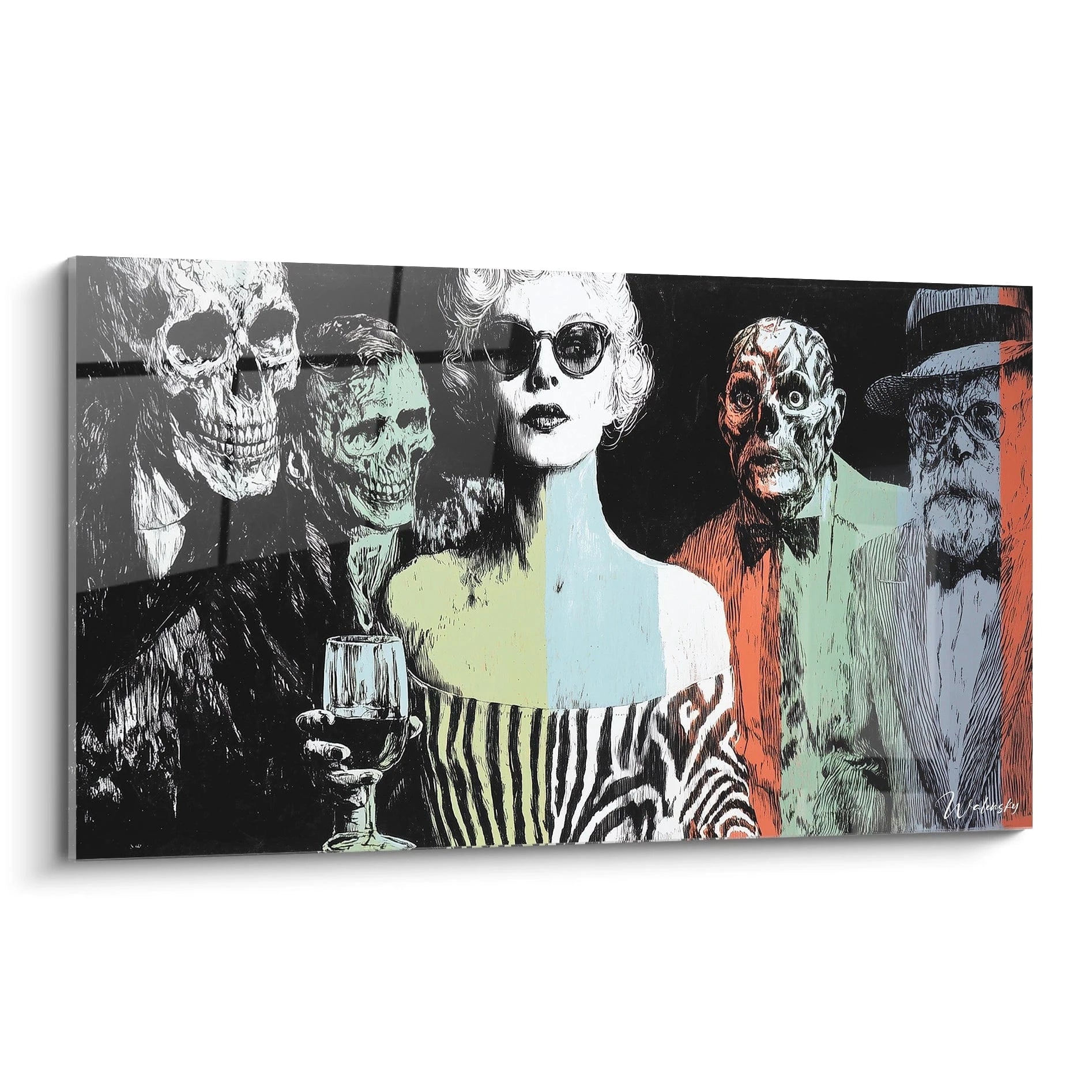 tableau élégance macabre Walensky peinture murale pop art femme chic en lunettes entourée de squelettes