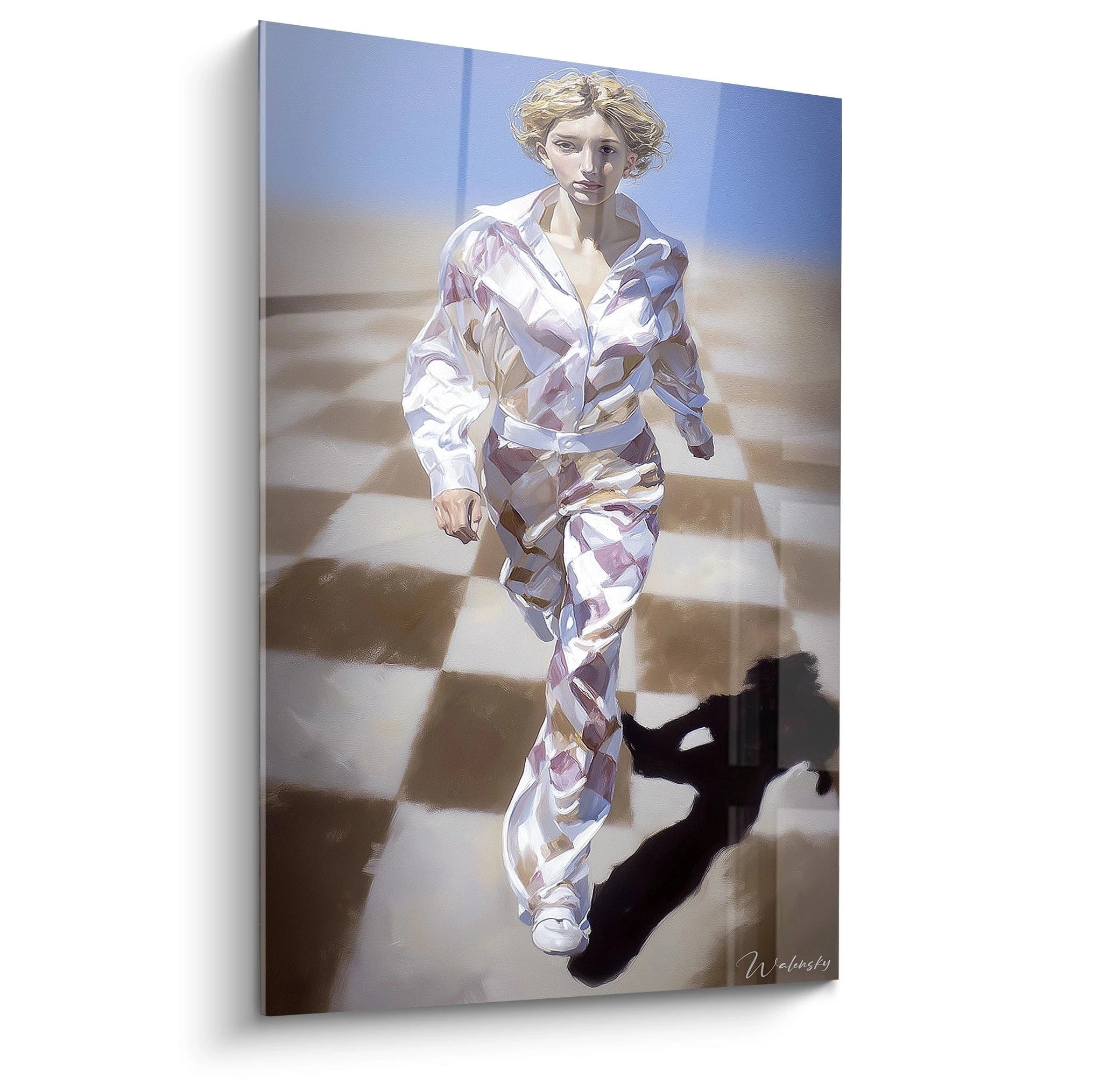 tableau femme hyperréalisme Walensky femme courant en tenue imprimée sur sol damier avec ombre réaliste