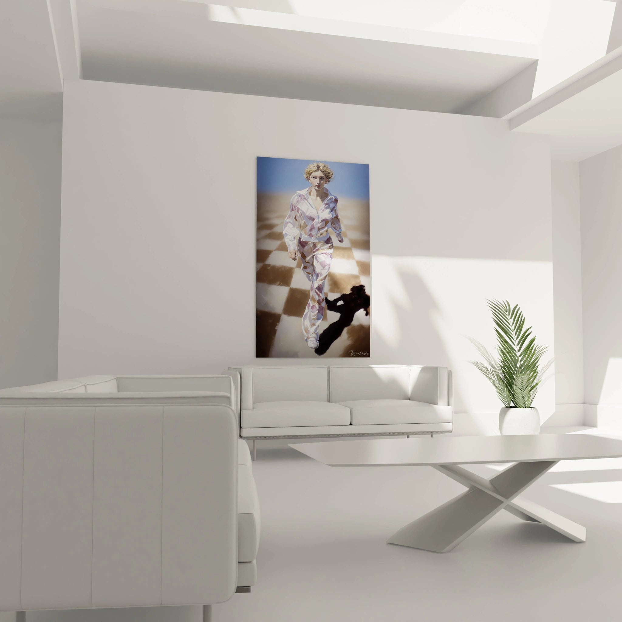 tableau femme hyperréalisme Walensky grand format portrait avec une femme en tenue sur sol damier dans salon moderne