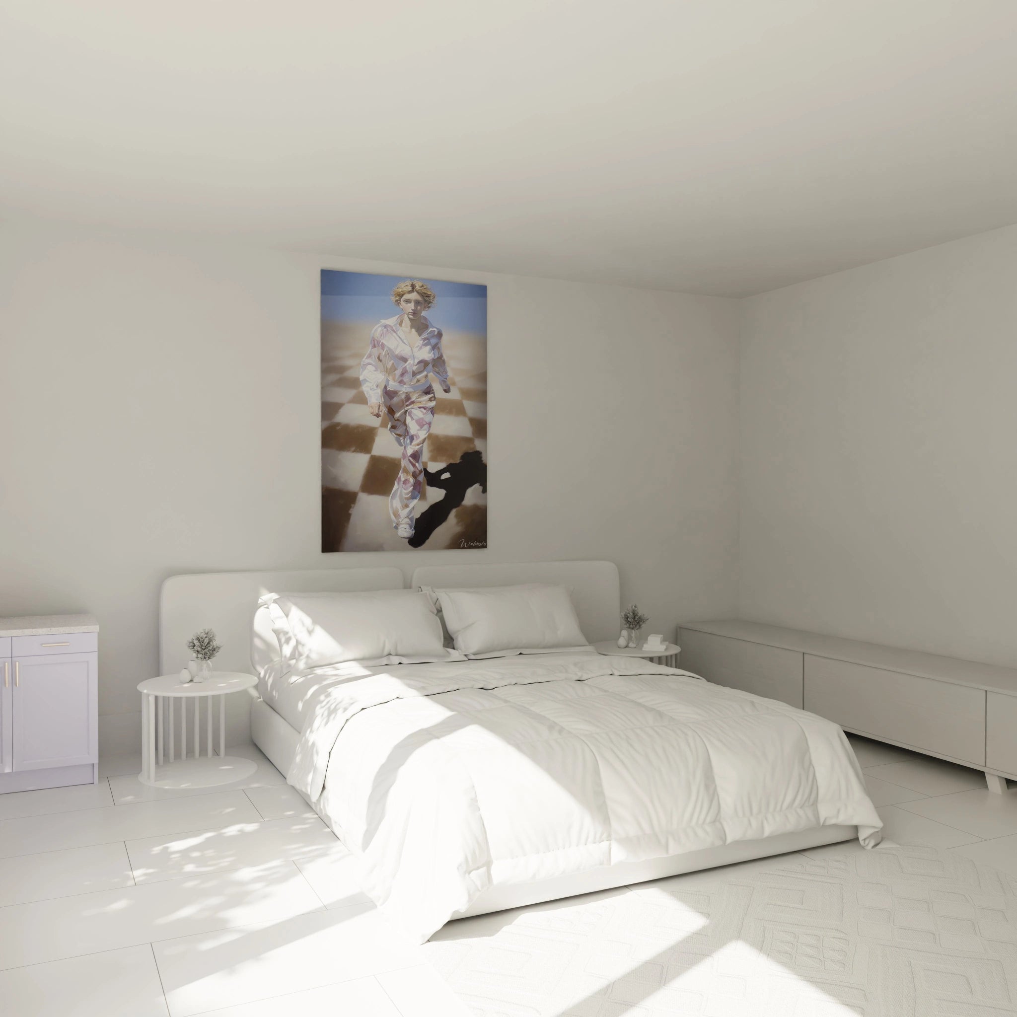 Tableau femme hyperréalisme Walensky accroché au mur d une chambre blanche minimaliste au dessus du lit