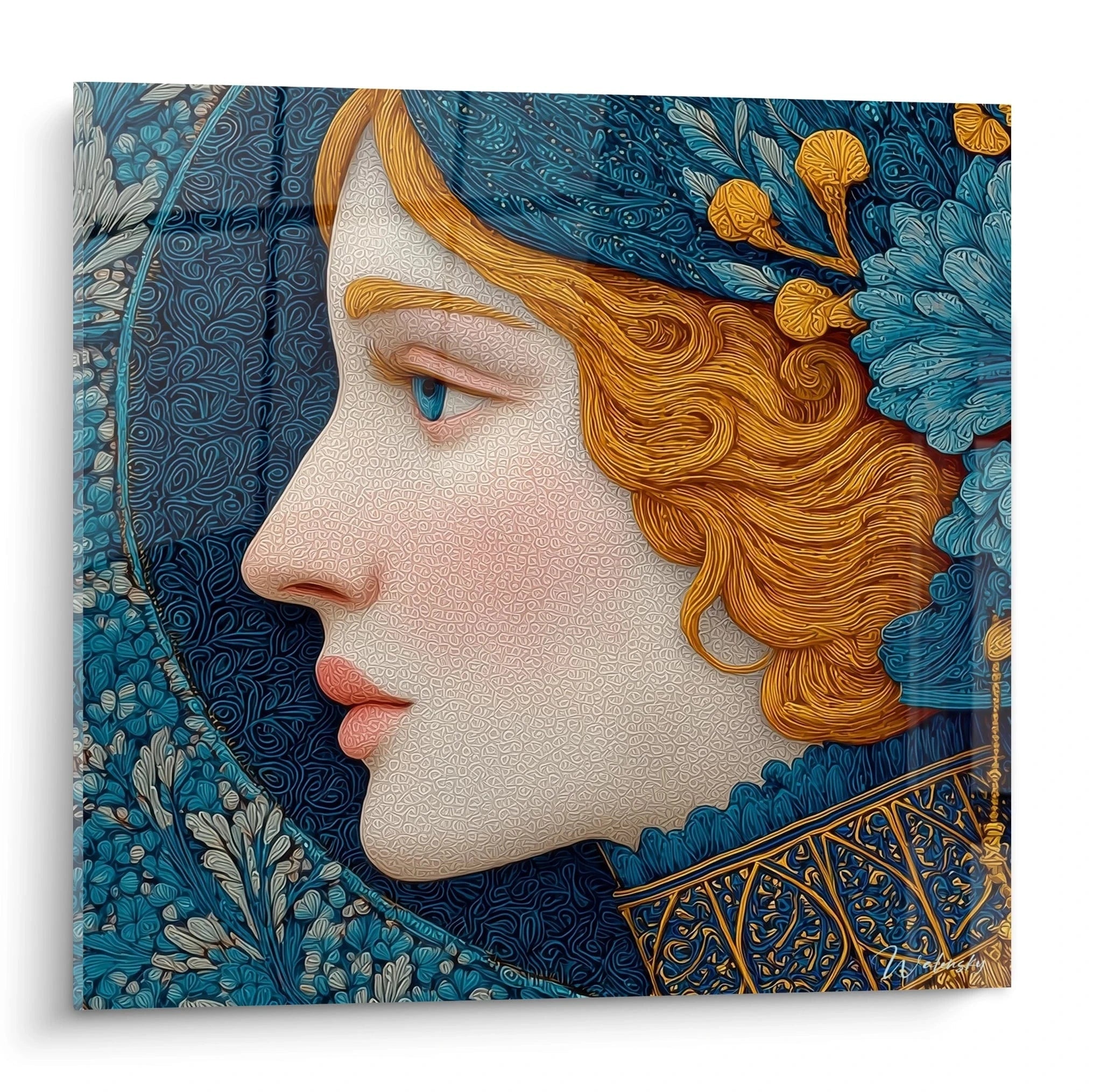 tableau femme art nouveau Walensky profil féminin stylisé bleu et or pour décoration murale