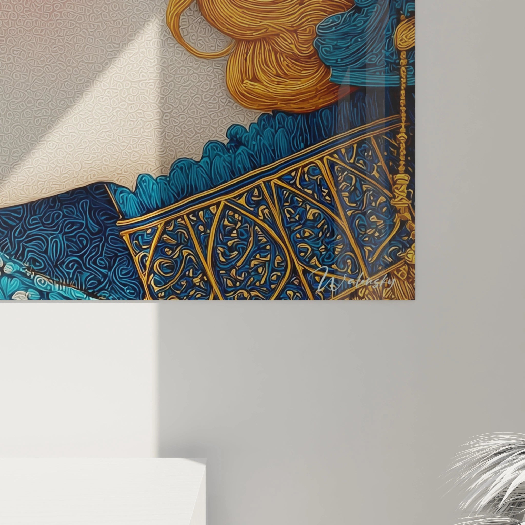 tableau femme art nouveau Walensky gros plan sur cheveux dorés et ornements bleus décoratifs sur toile murale