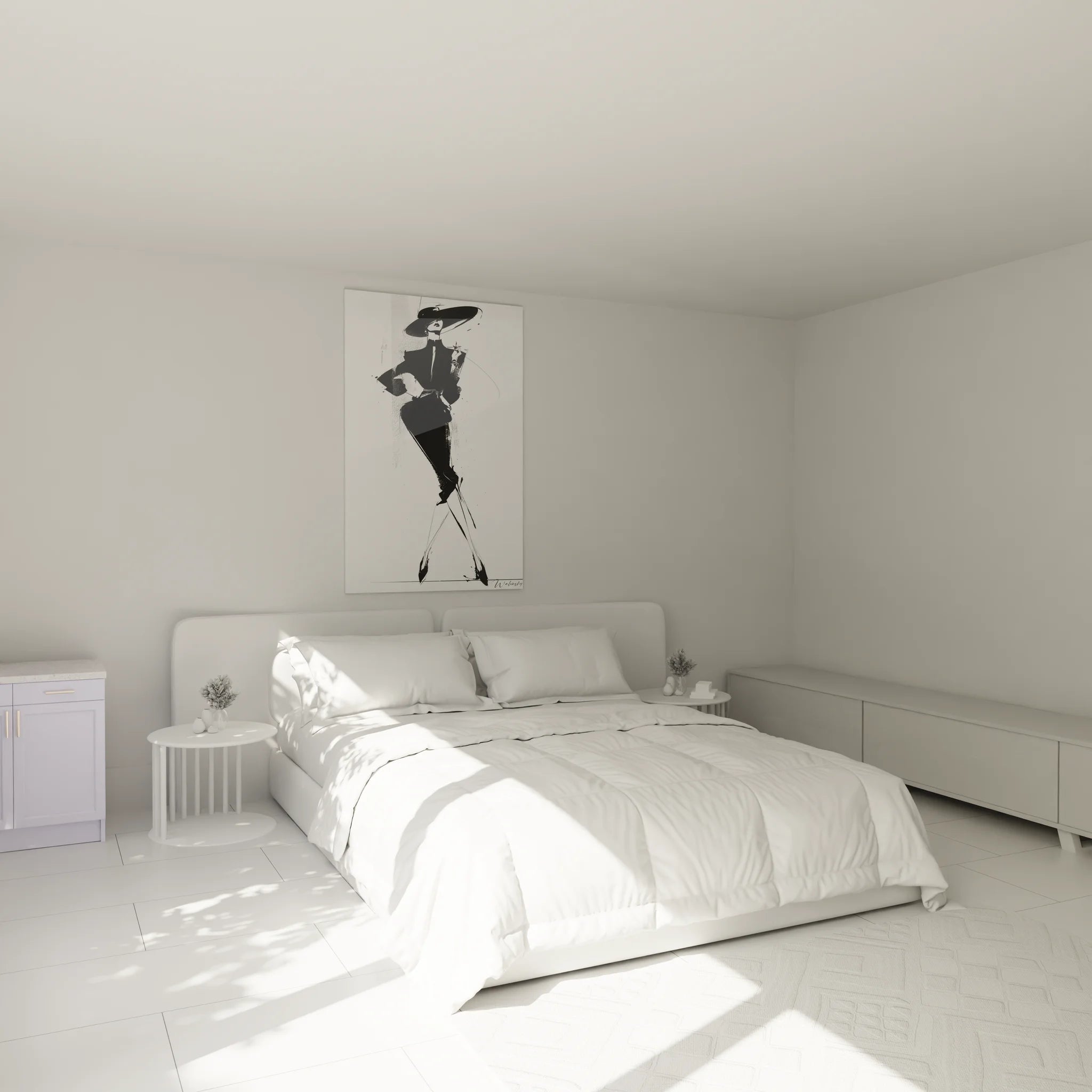 Tableau femme chapeau noir blanc dans chambre moderne, décoration murale élégante et sophistiquée