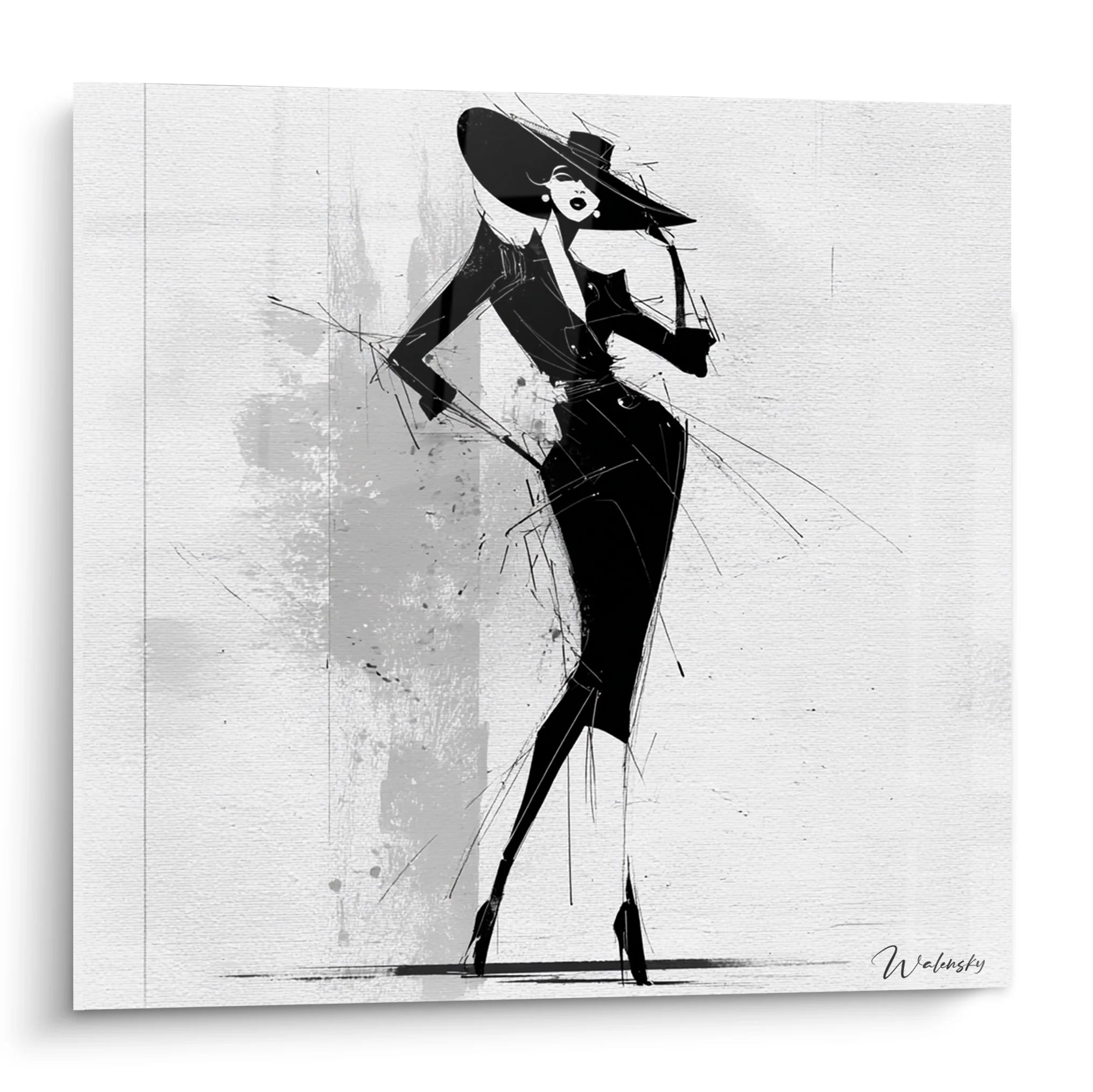 Tableau moderne femme élégante au chapeau noir et blanc avec chat, art contemporain décoratif