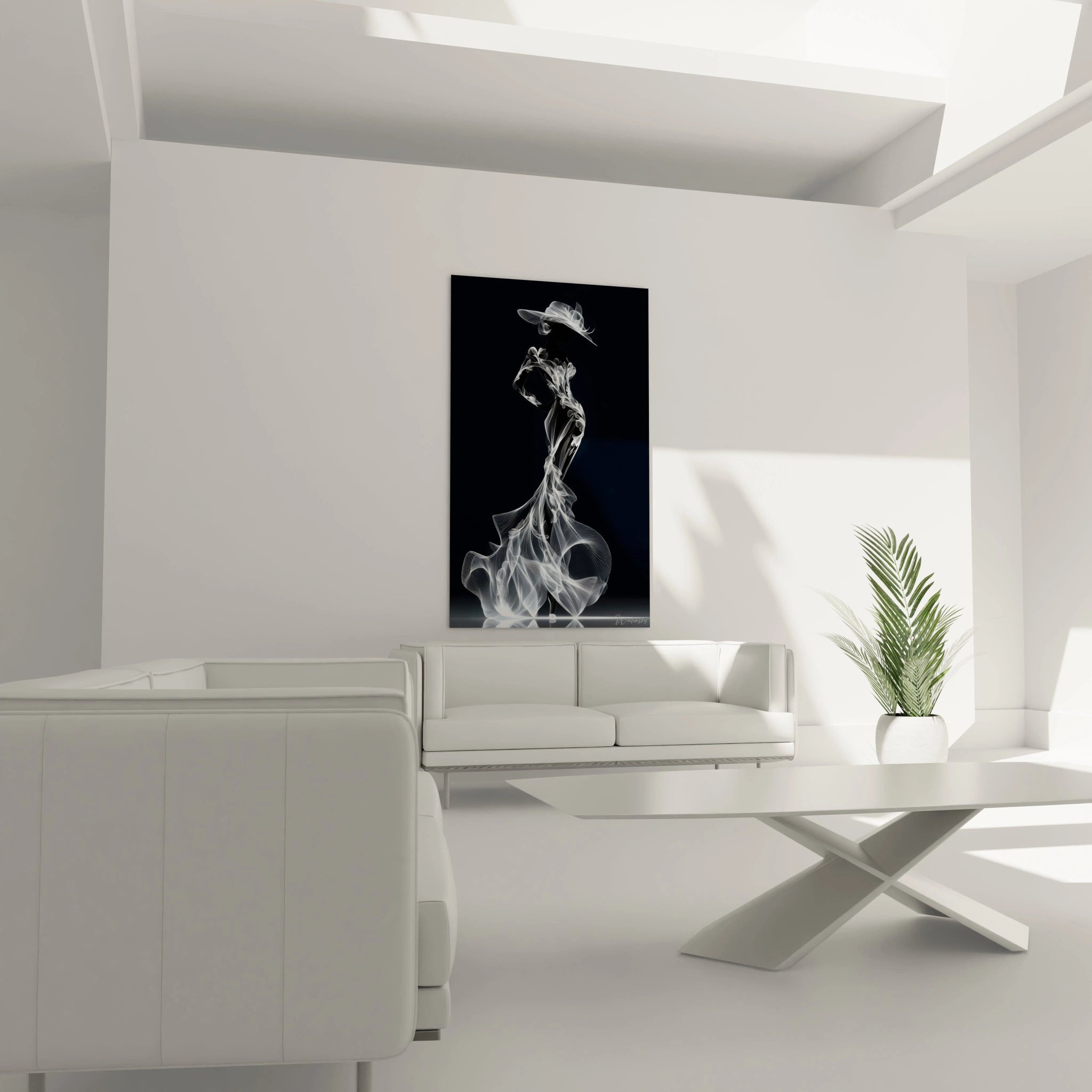 Tableau femme élégante en noir et blanc dans un salon moderne avec mobilier minimaliste