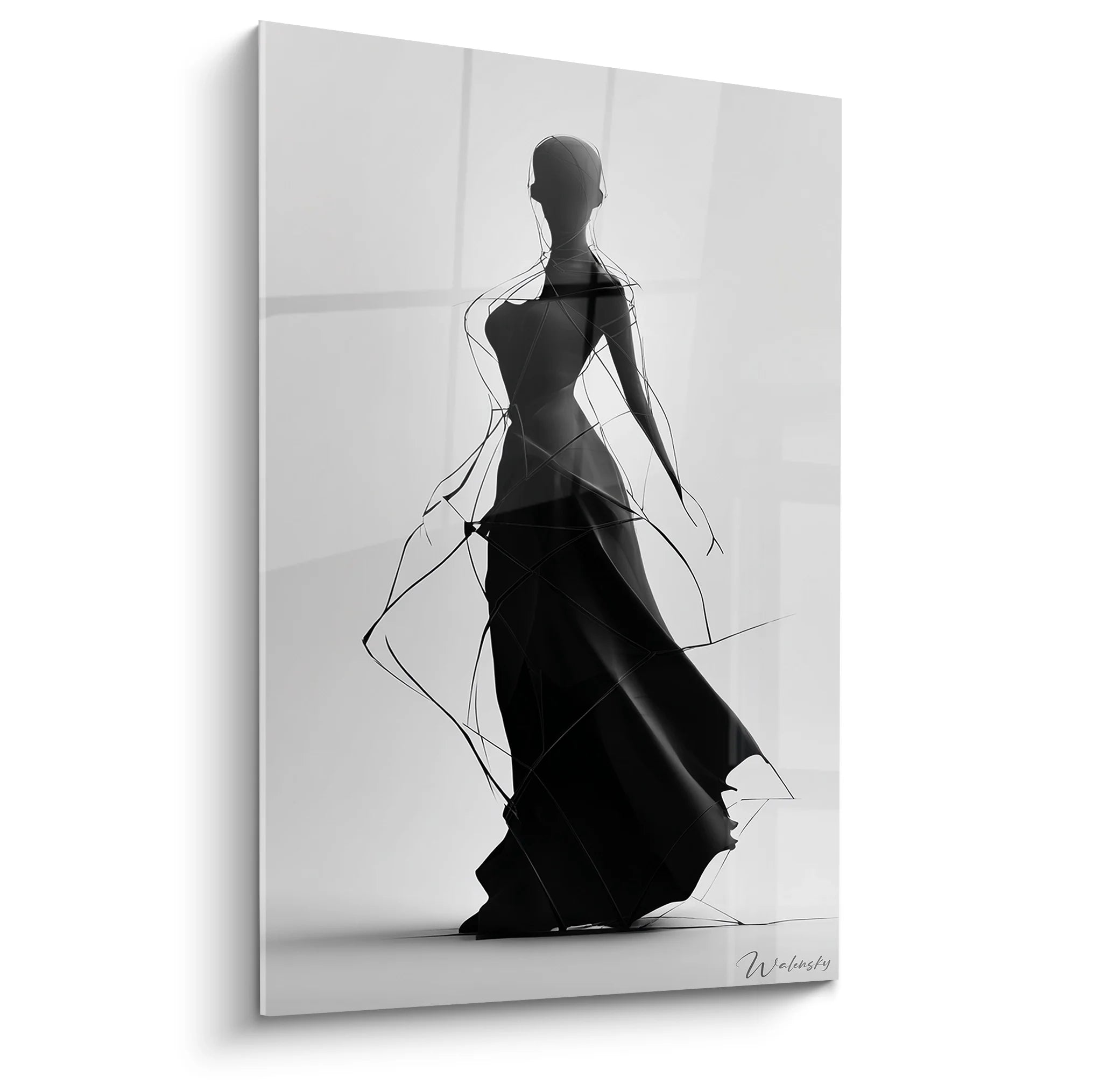 Tableau femme élégante noir et blanc aux formes géométriques, art moderne sophistiqué