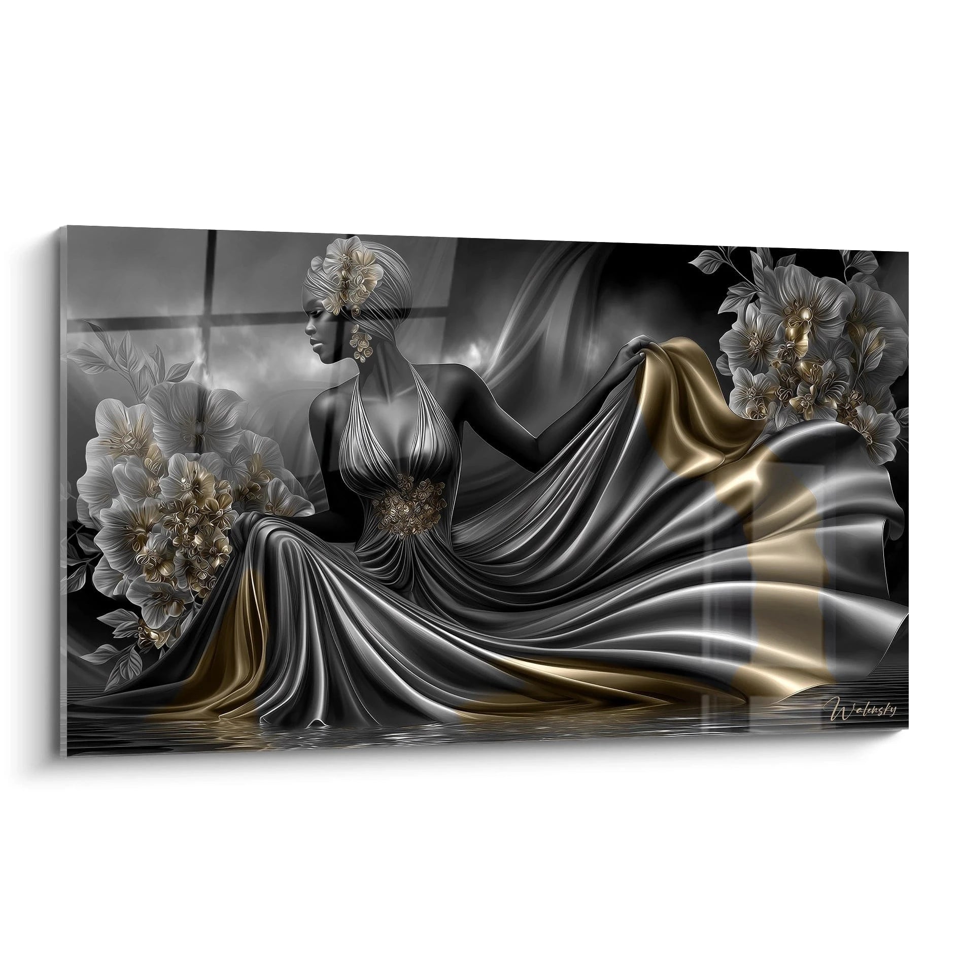 Tableau mural femme élégante aux drapés dorés et fleurs, art moderne l'or noir pour décoration luxe