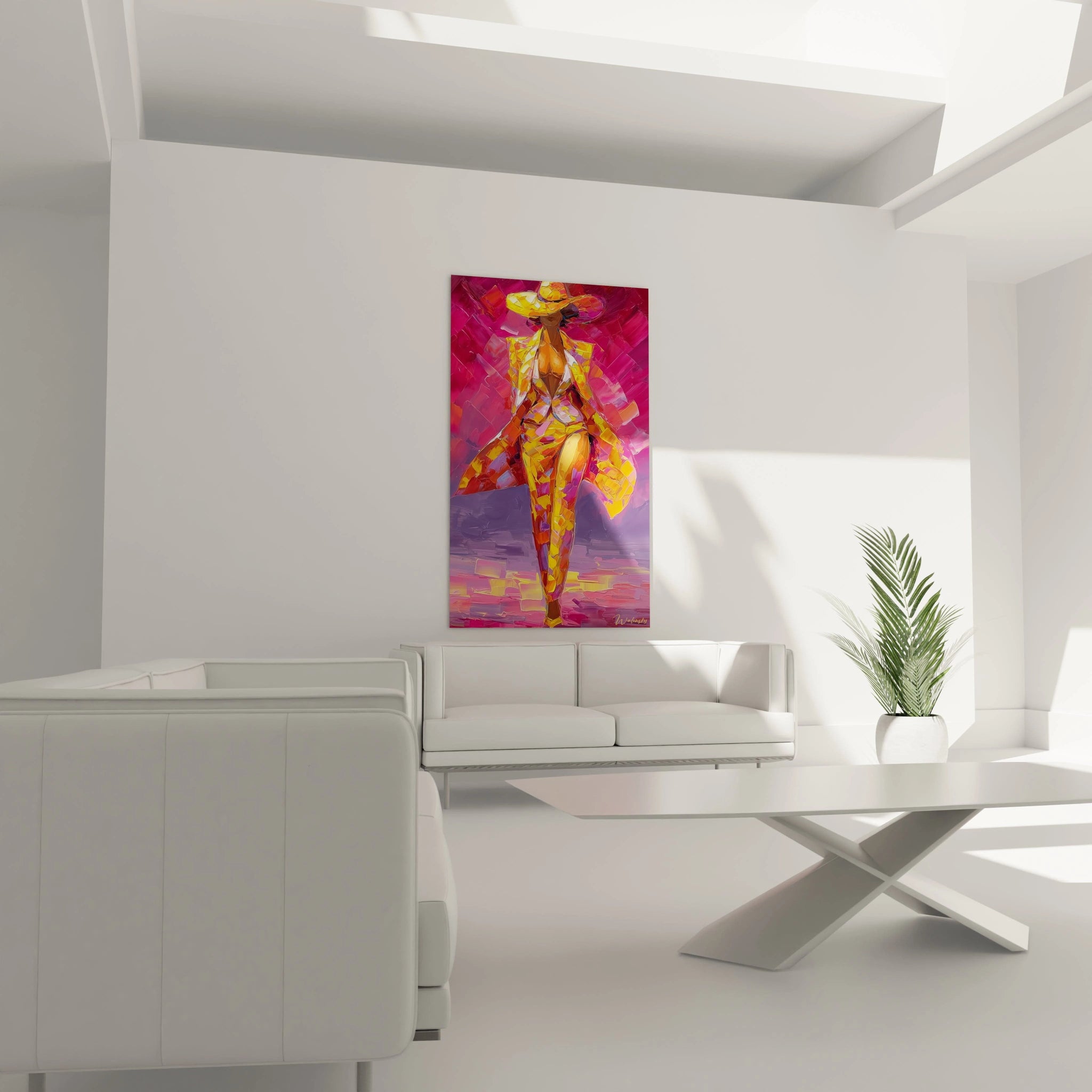 Tableau femme élégante avec des couleurs vives, parfait pour embellir un espace moderne