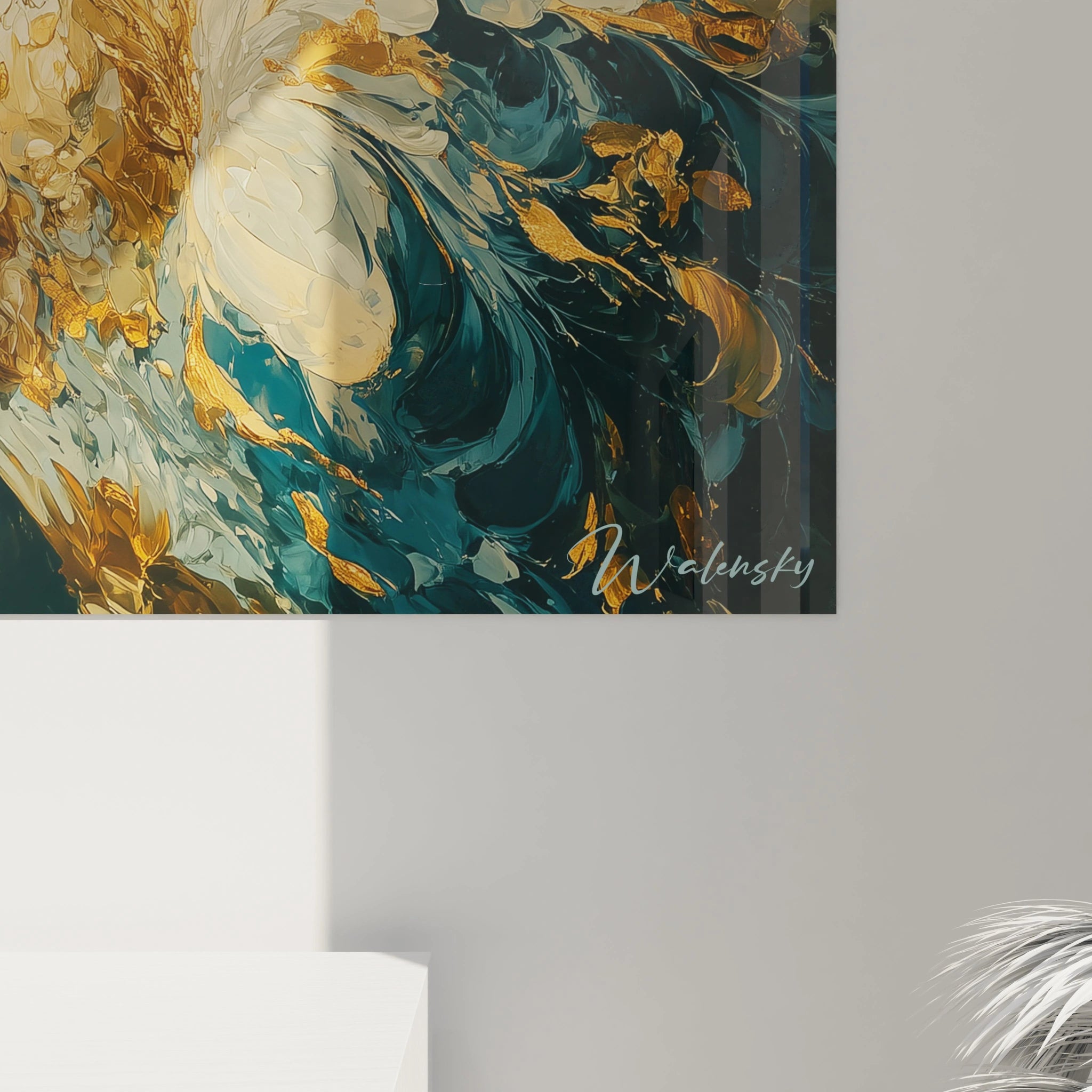 Walensky tableau femme élégante édition baroque peinture murale abstraite verts turquoise et or, signature visible sur mur