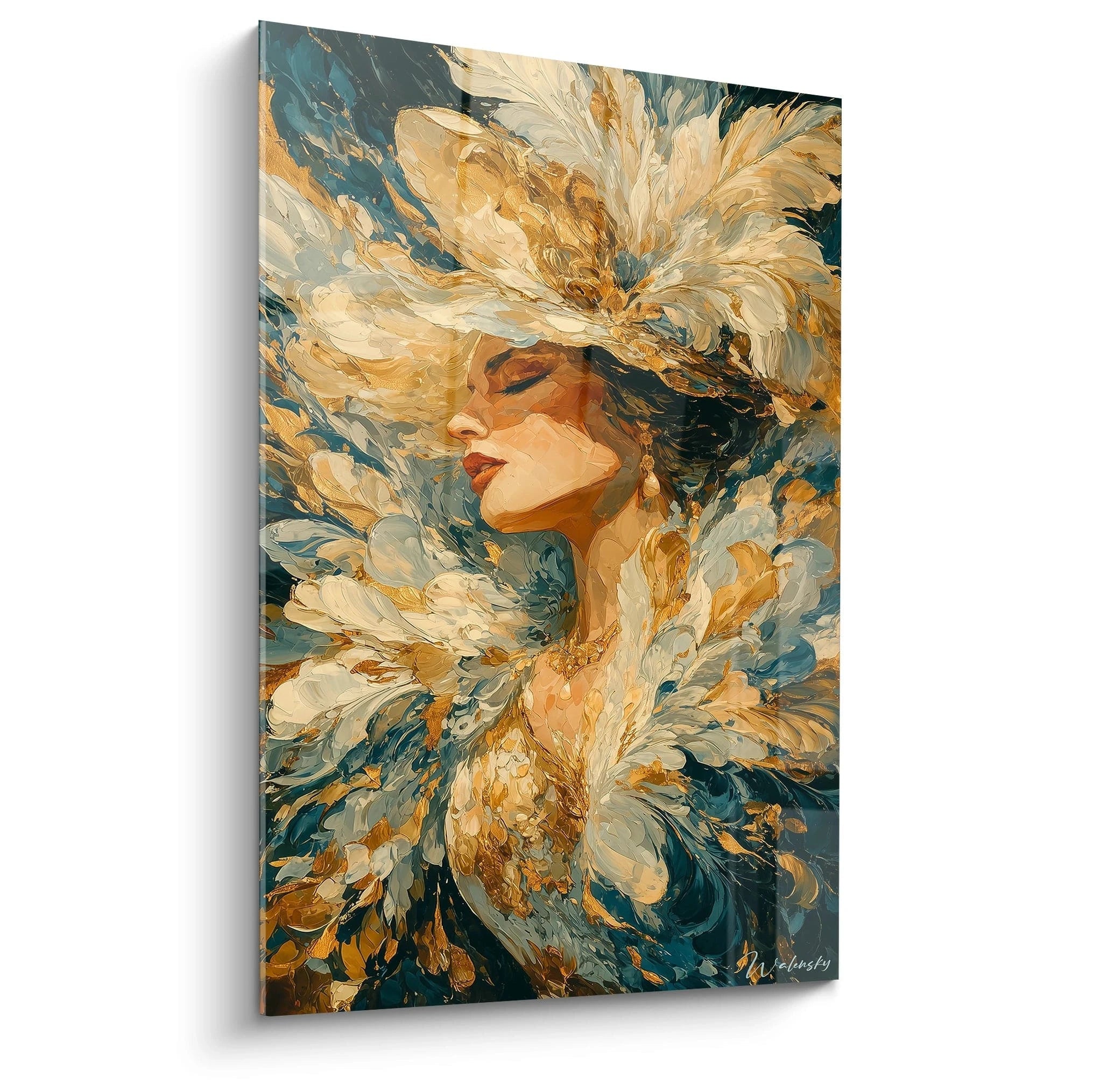 tableau femme élégante édition baroque Walensky peinture murale profil de femme aux plumes dorées et tons turquoise